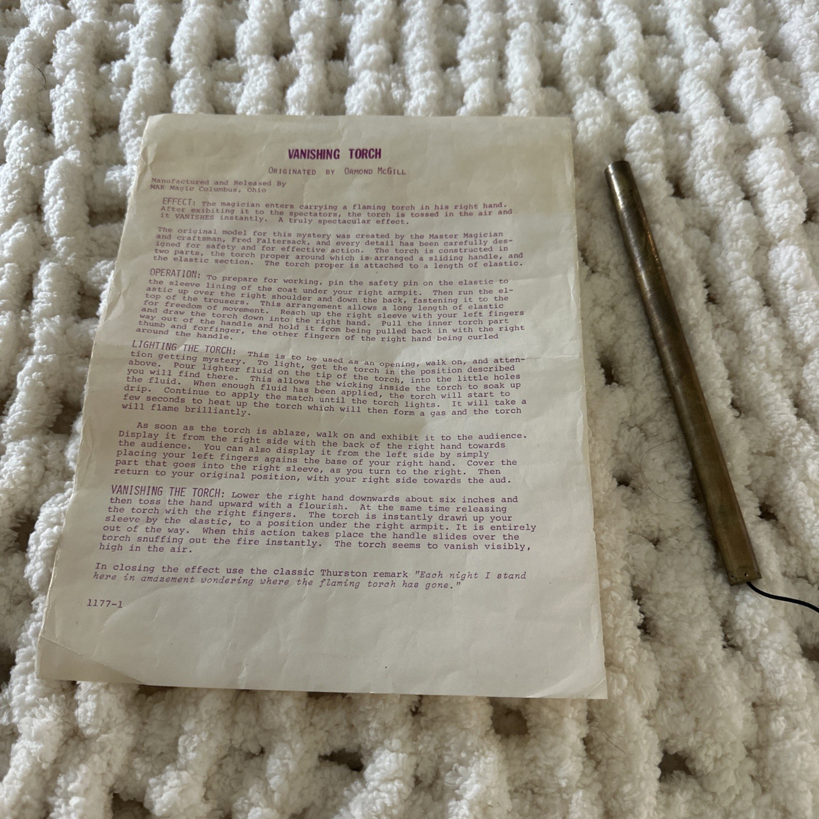 Vintage MAK Magic Vanishing Torch Prop (U.F. Grant) - Ormond McGill Instructions