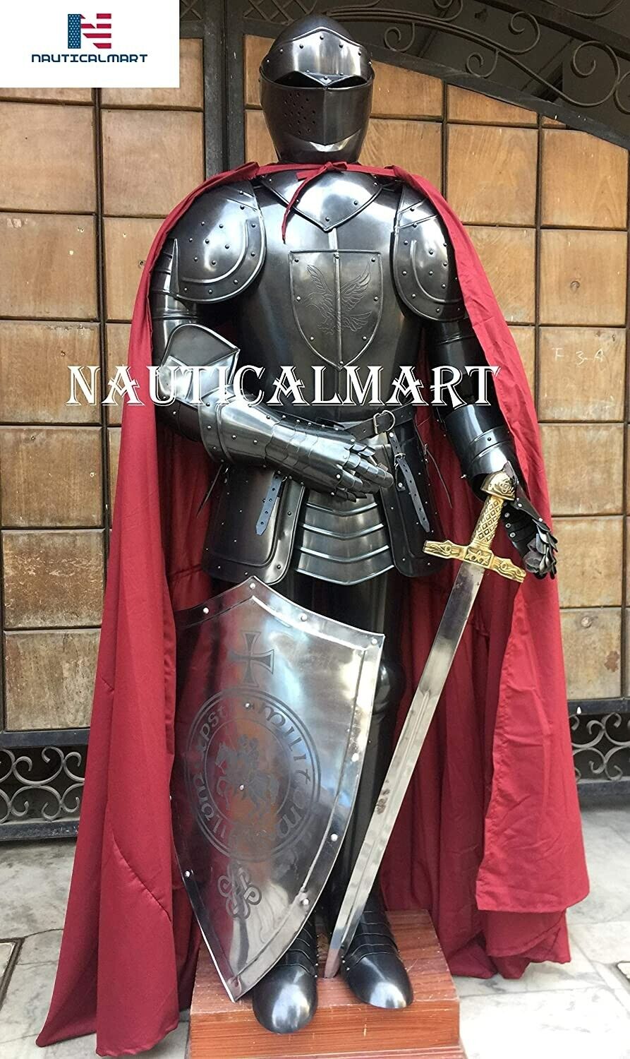 Iotcarmoury Medieval Black Knight Suit of Armor With Shield, Cloak LARP  IR0121