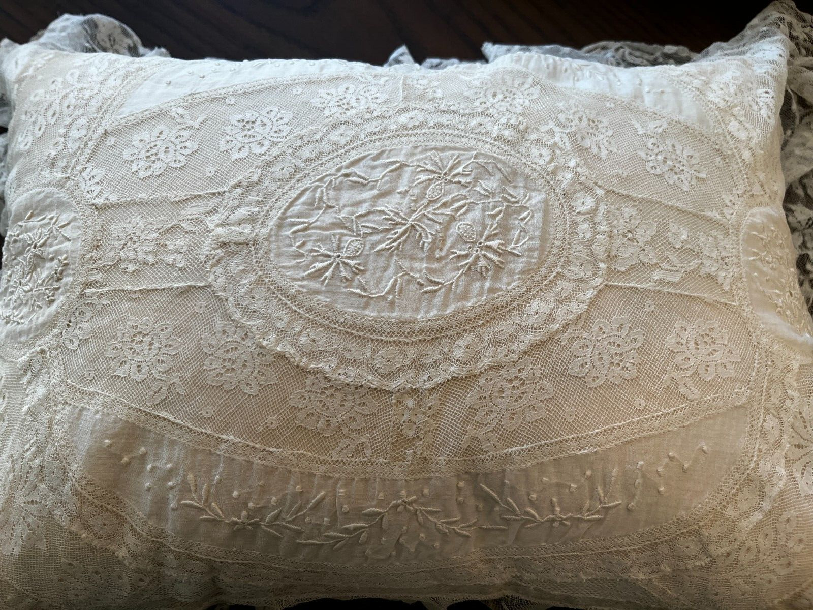 Antique Creamy French NORMANDY LACE Boudoir Pillow Cover Embroidered Flowers