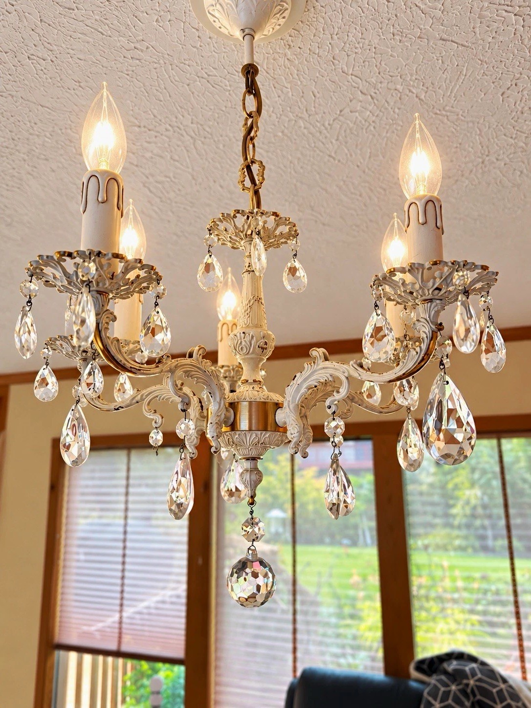 Vintage Ornate Brass 5-Light Chandelier Ivory Gold w/ Glass Prisms Rococo 20”