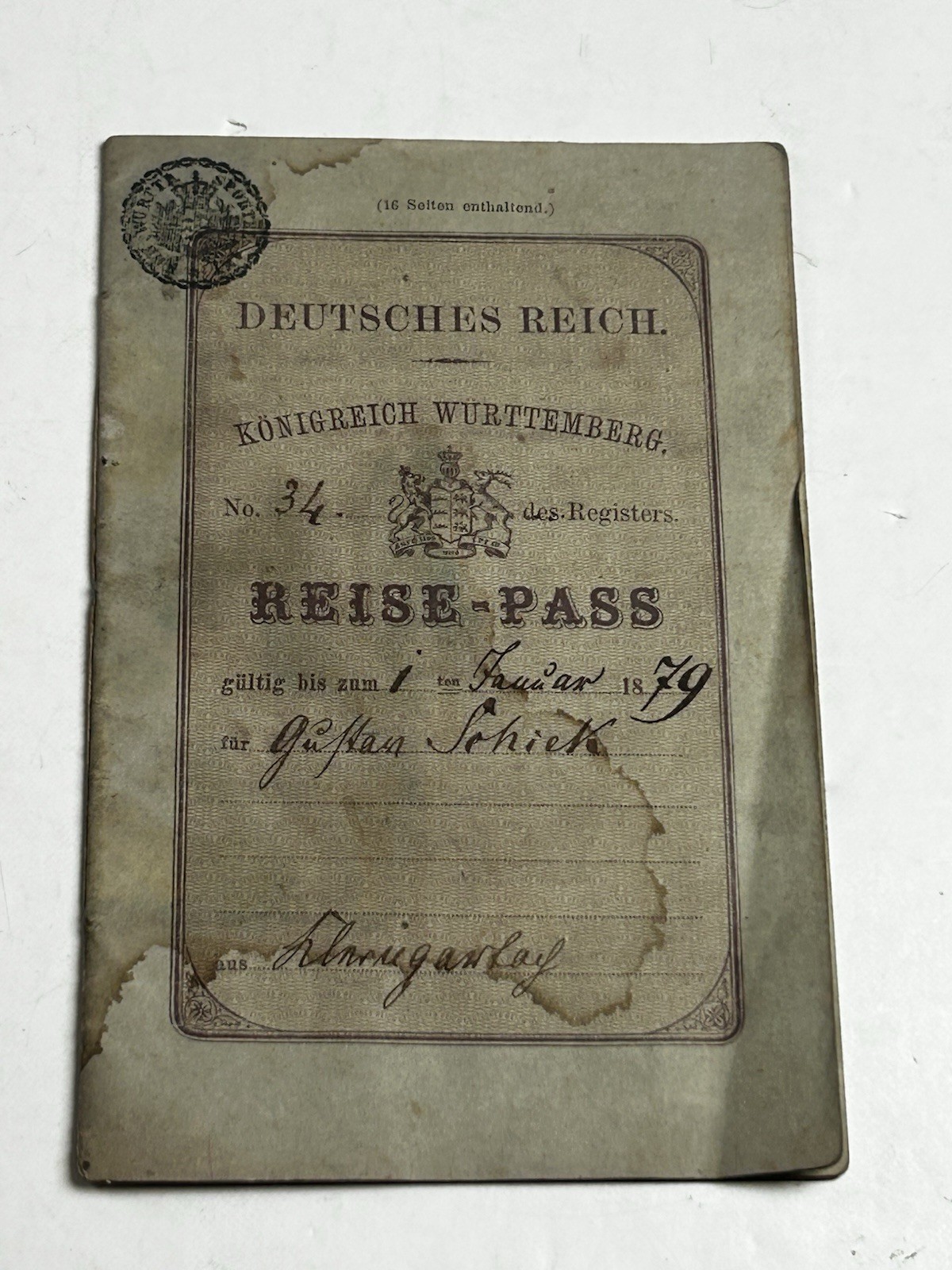 Antique 1873 German Passport Kingdom of Wurttemberg Stuttgart Inside Stamps Antique 1873 German Passport Kingdom of Wurttemberg Stuttgart Inside Stamps