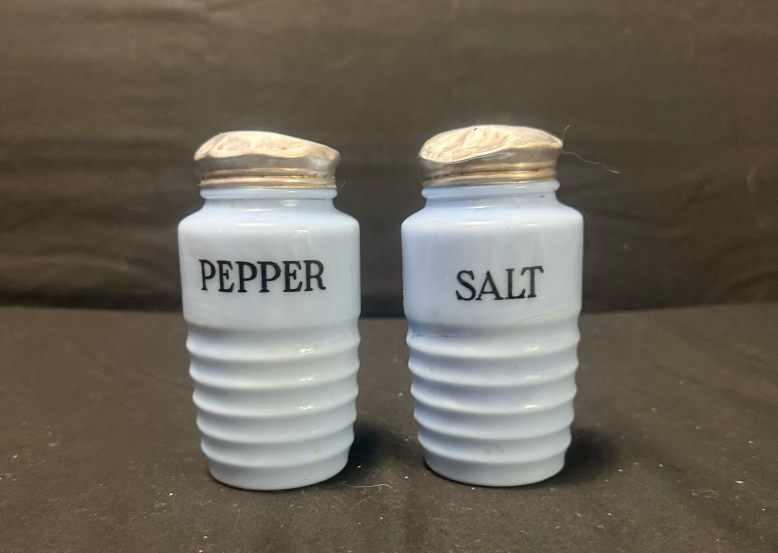Vtg. 1930s Jeanette Glass Delphite Blue Beehive Ribbed Salt and Pepper Shakers Vtg. 1930s Jeanette Glass Delphite Blue Beehive Ribbed Salt and Pepper Shakers