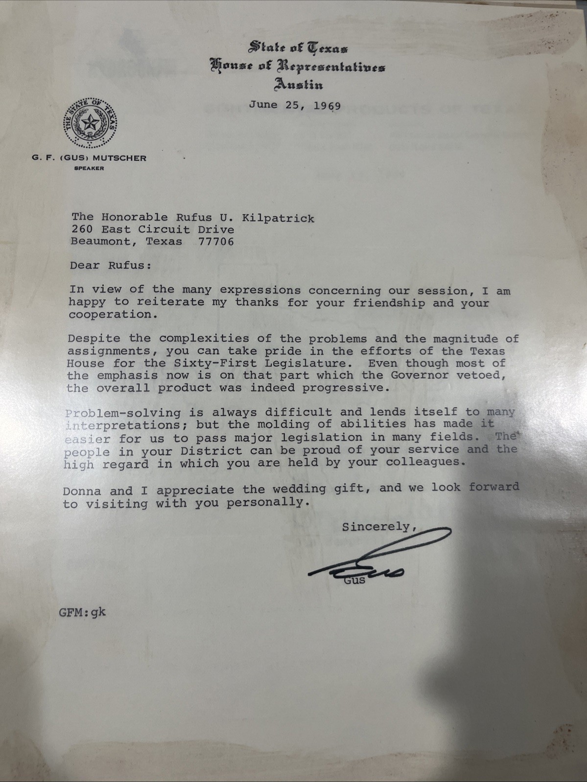 Vintage 1969 Signed Letter Austin Texas Speaker Gus Mutscher House of Reps Seal Vintage 1969 Signed Letter Austin Texas Speaker Gus Mutscher House of Reps Seal