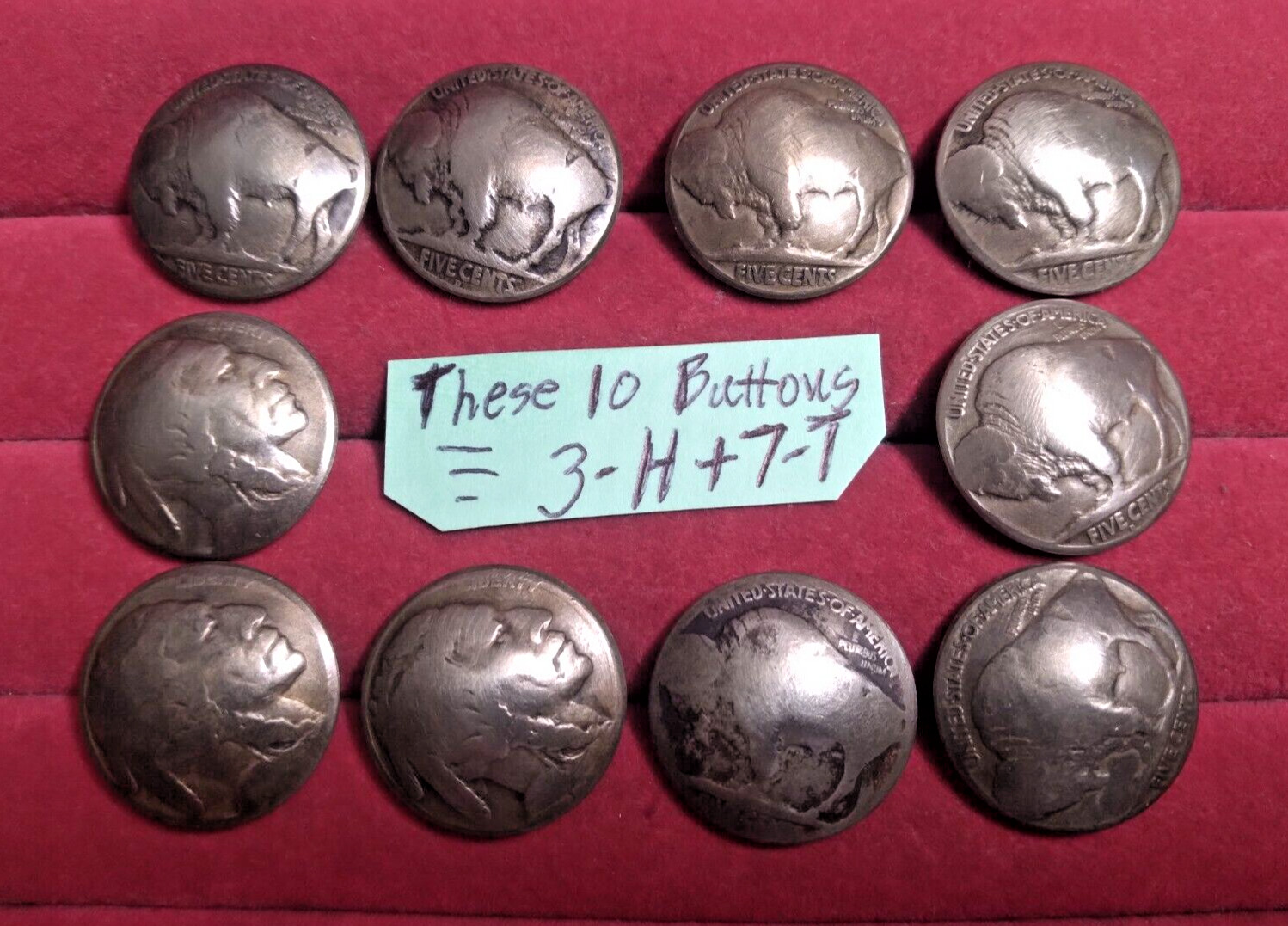 10 Real USA Buffalo Indian Head Nickel Domed Shank Coin Buttons 3/4\