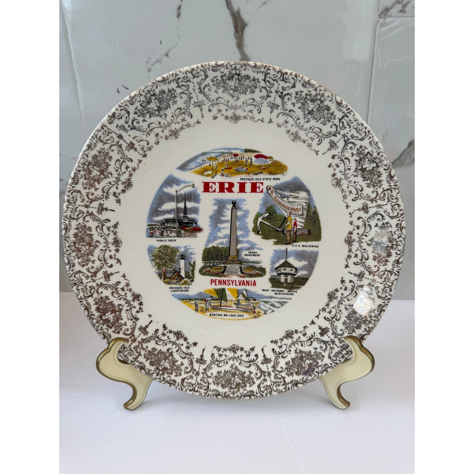 Vintage Erie Pennsylvania Souvenir Collector Plate Silver Filigree 9.25 Inch Vintage Erie Pennsylvania Souvenir Collector Plate Silver Filigree 9.25 Inch