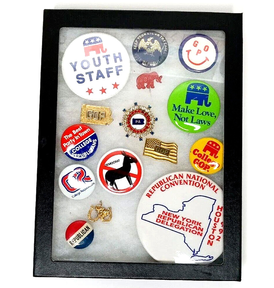 Vintage GOP Republican Party Pinbacks Pins Buttons Lapel College in Case Lot 15