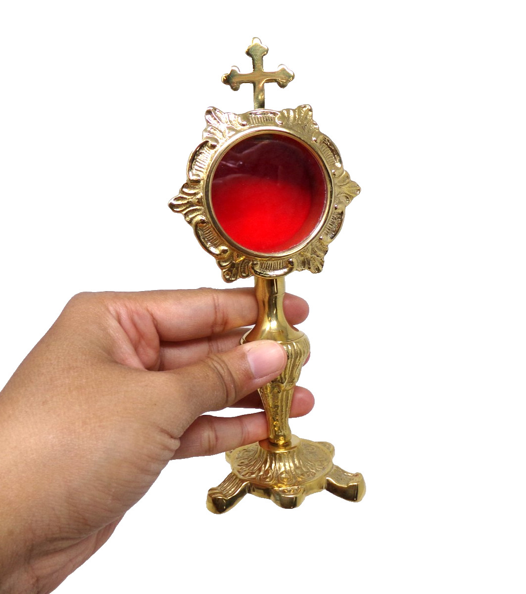 Religious Brass Monstrance Ostensorium With Cross Top and High Polish 7 Inches Religious Brass Monstrance Ostensorium With Cross Top and High Polish 7 Inches