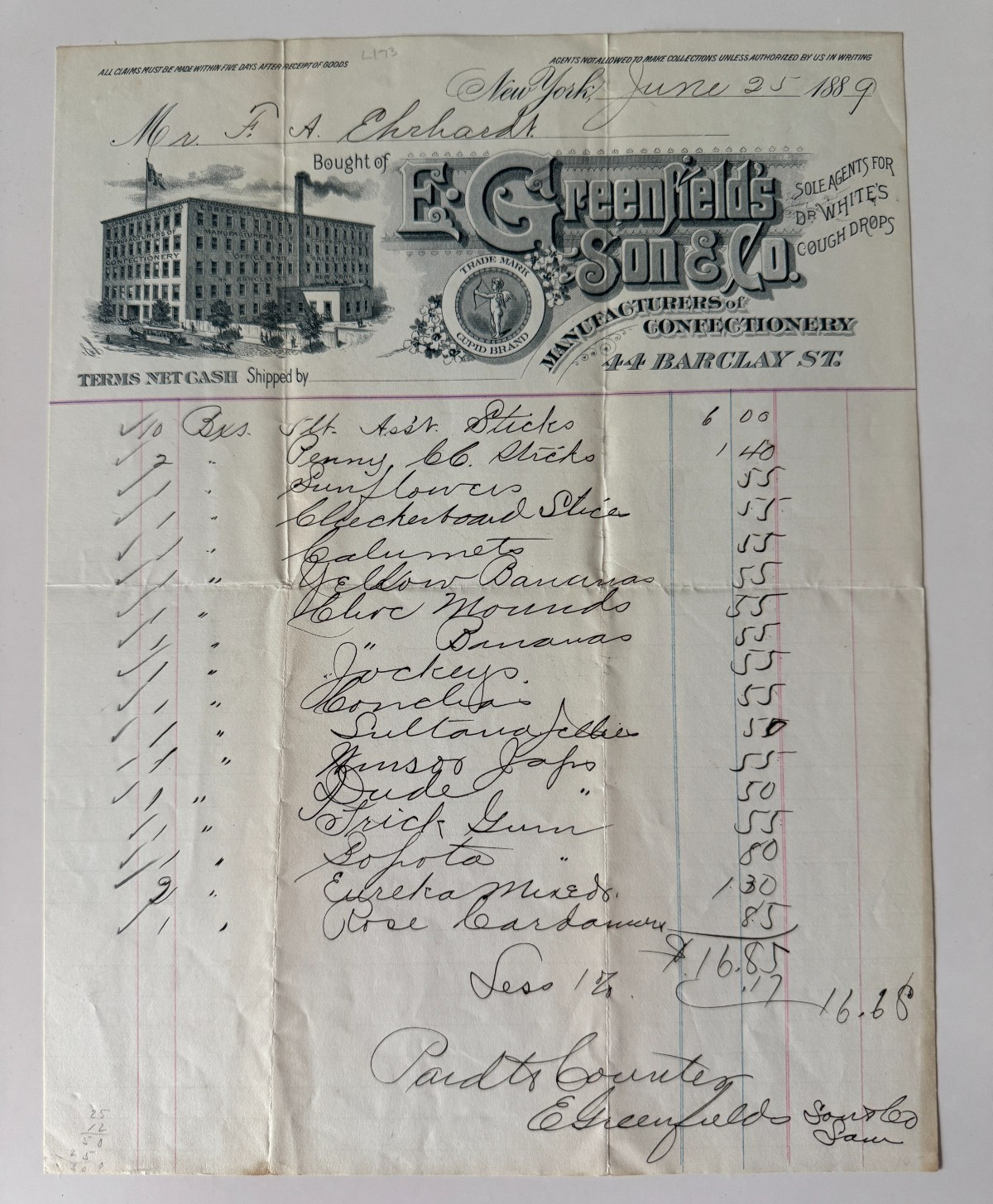 Vtg 1889 Billhead New York E Greenfield's Son & Co Confectionery 44 Barclay St Vtg 1889 Billhead New York E Greenfield's Son & Co Confectionery 44 Barclay St