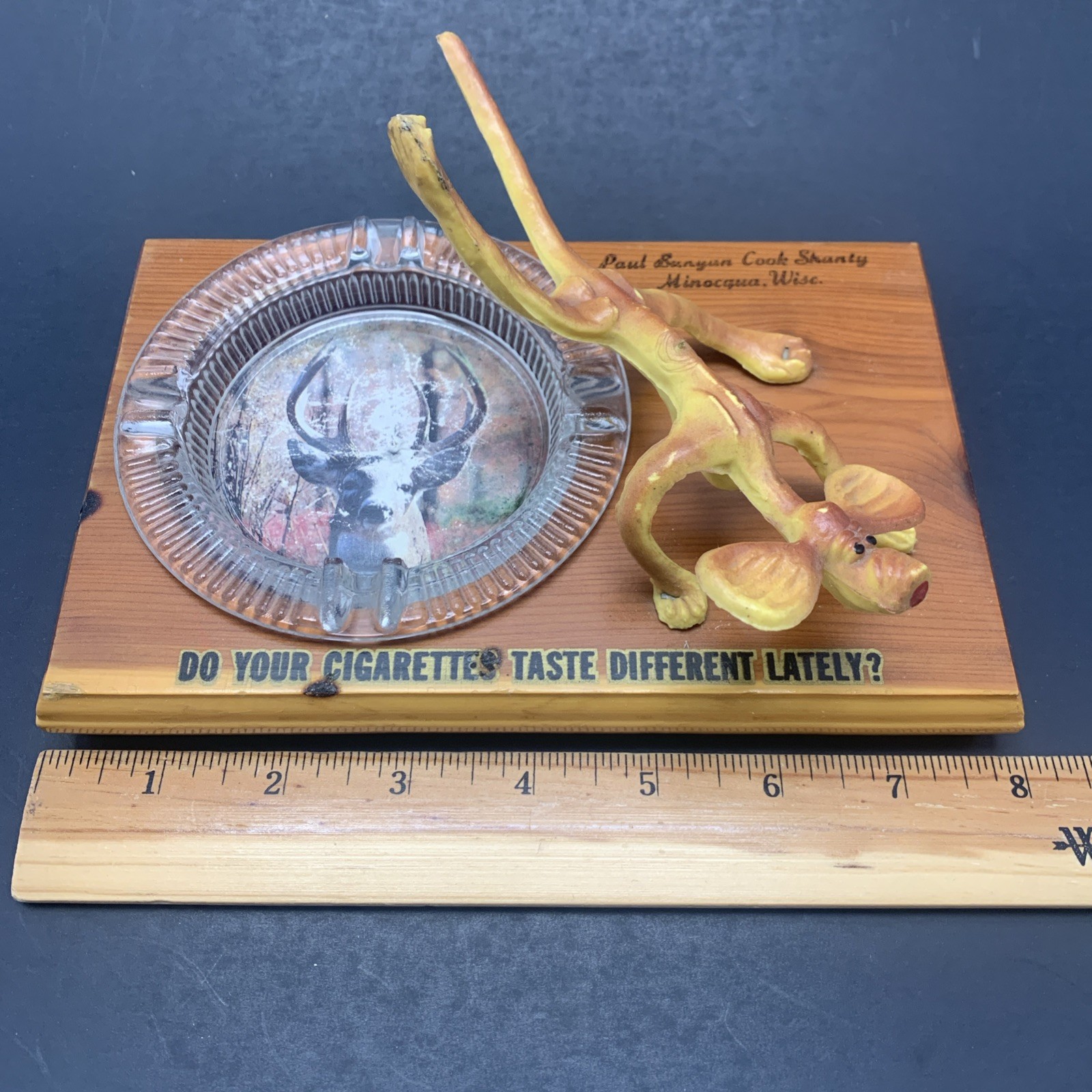 Vintage Paul Bunyan Shanty Minocqua Wisconsin Dog Peeing On Ashtray Souvenir Vintage Paul Bunyan Shanty Minocqua Wisconsin Dog Peeing On Ashtray Souvenir