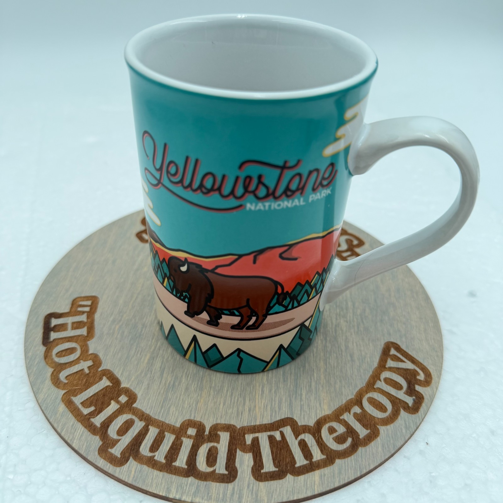 Yellowstone General Stores Coffee Cup Mug Bison Old Faithful Souvenir Teal Art