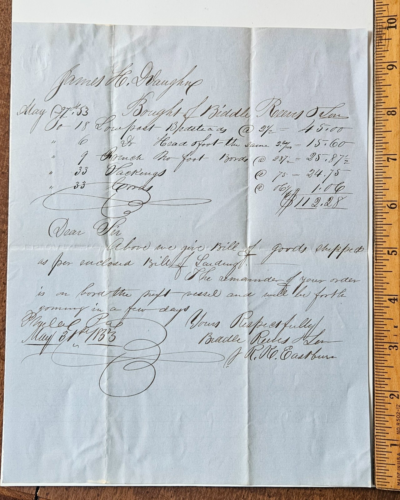 1853 Philadelphia to Alexandria, Virginia furniture invoice