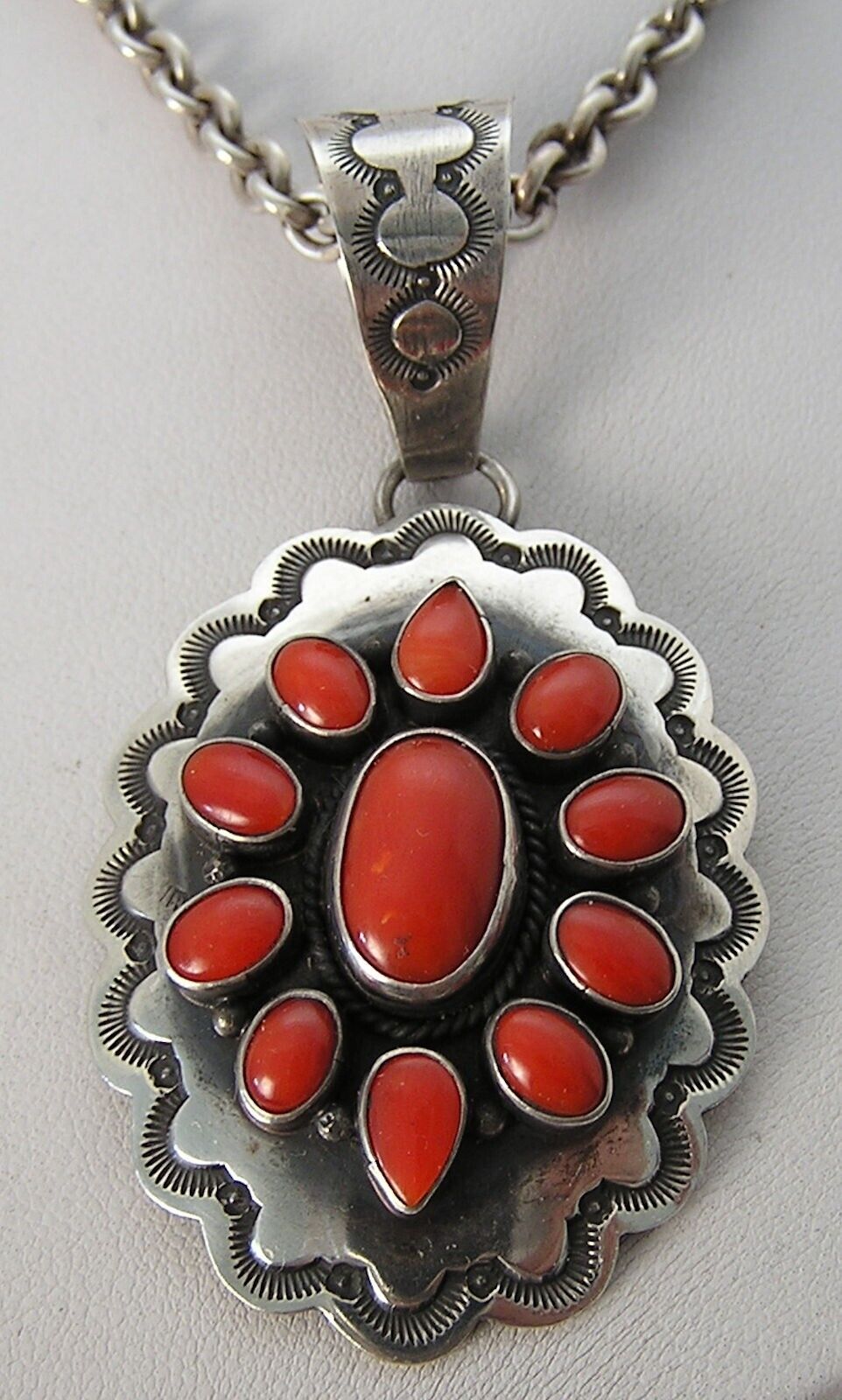 Rare Vintage Sterling E.G. Bighand Navajo Natural Red Coral Pendant Necklace 60g