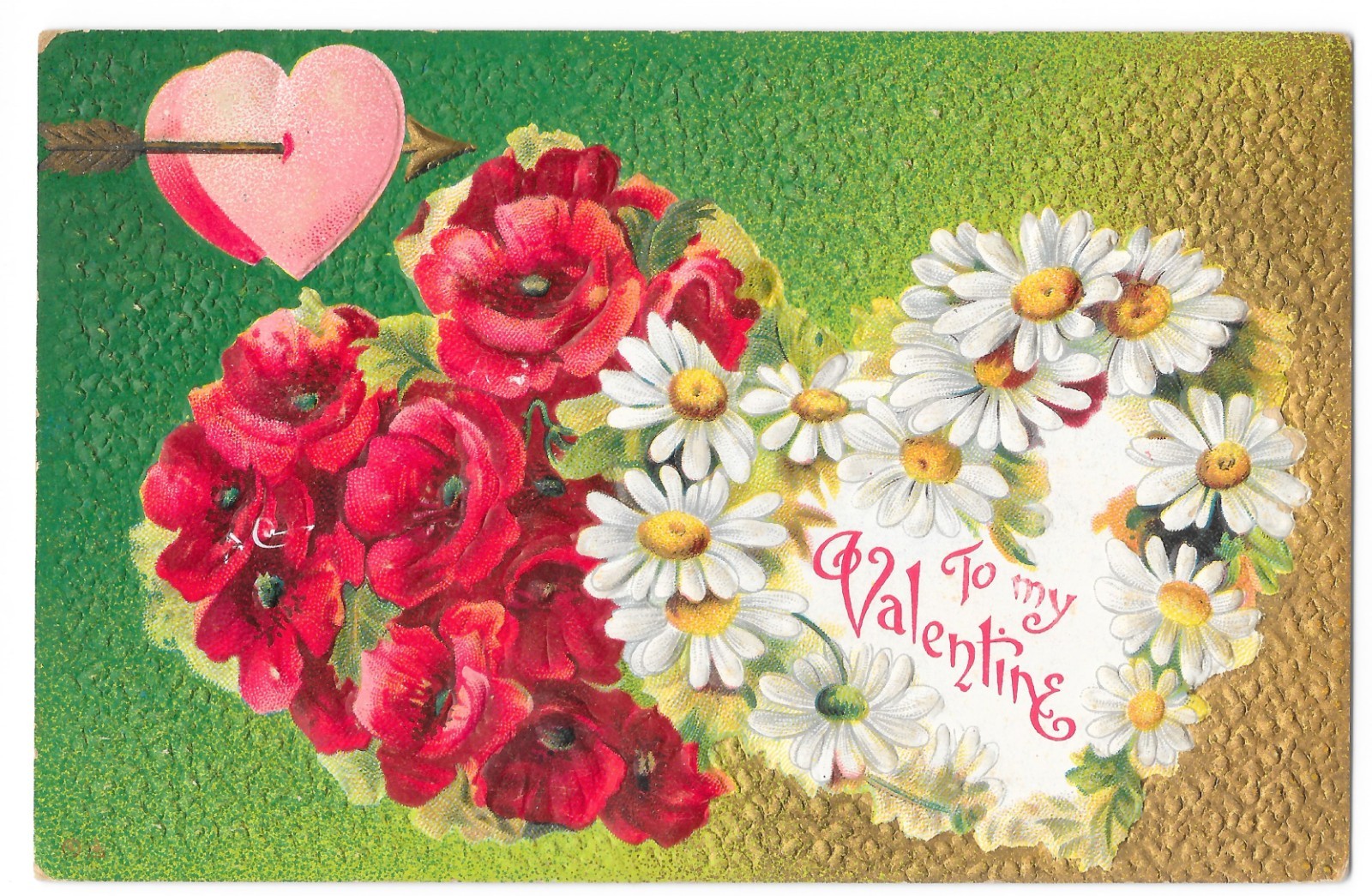 Flower Valentine Series No.4 Heart Arrow Roses Daisies Postcard c1910 Flower Valentine Series No.4 Heart Arrow Roses Daisies Postcard c1910