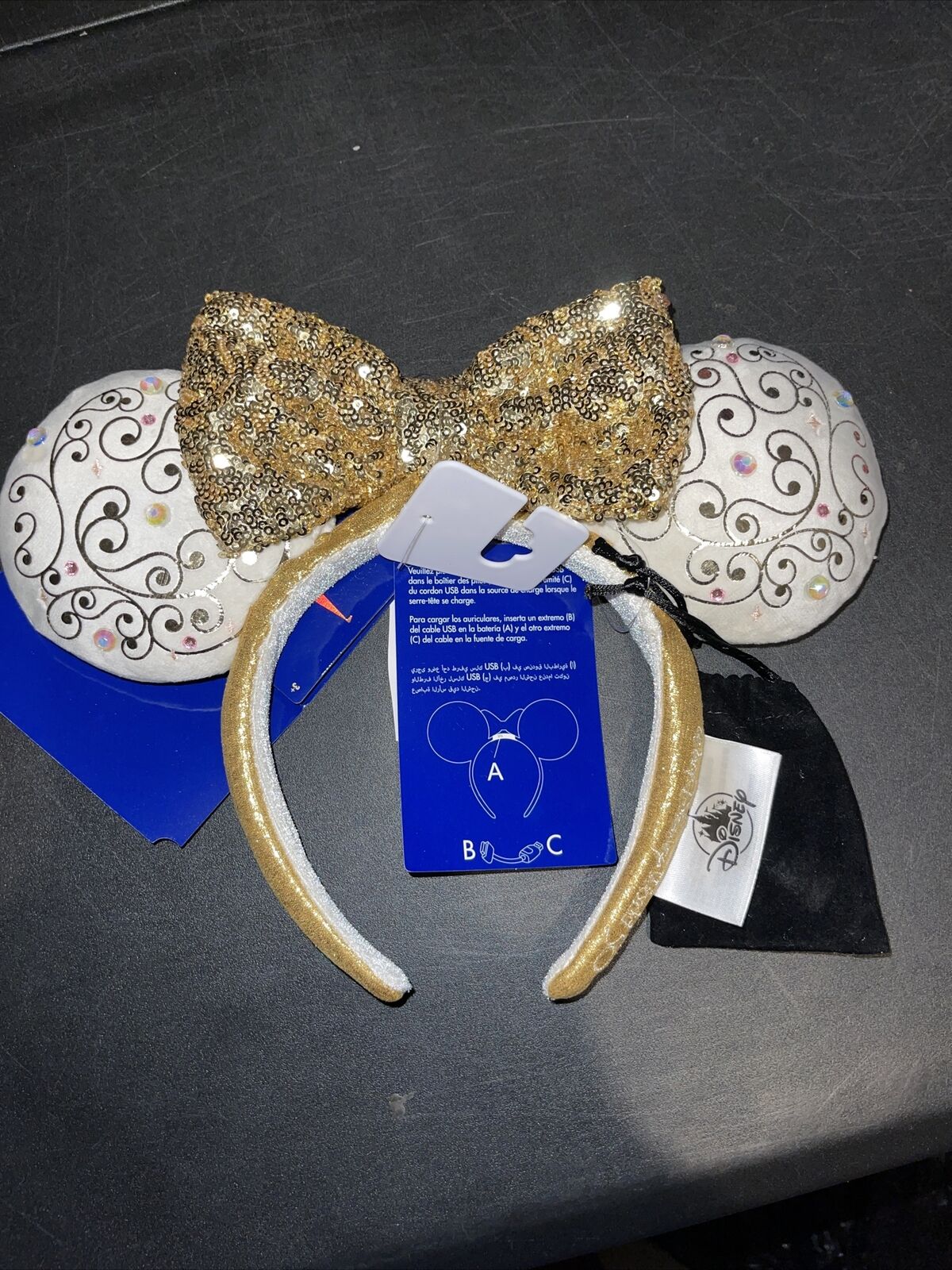 Disney World 50th Anniversary White & Gold Light-Up Minnie Headband Ears USB NEW