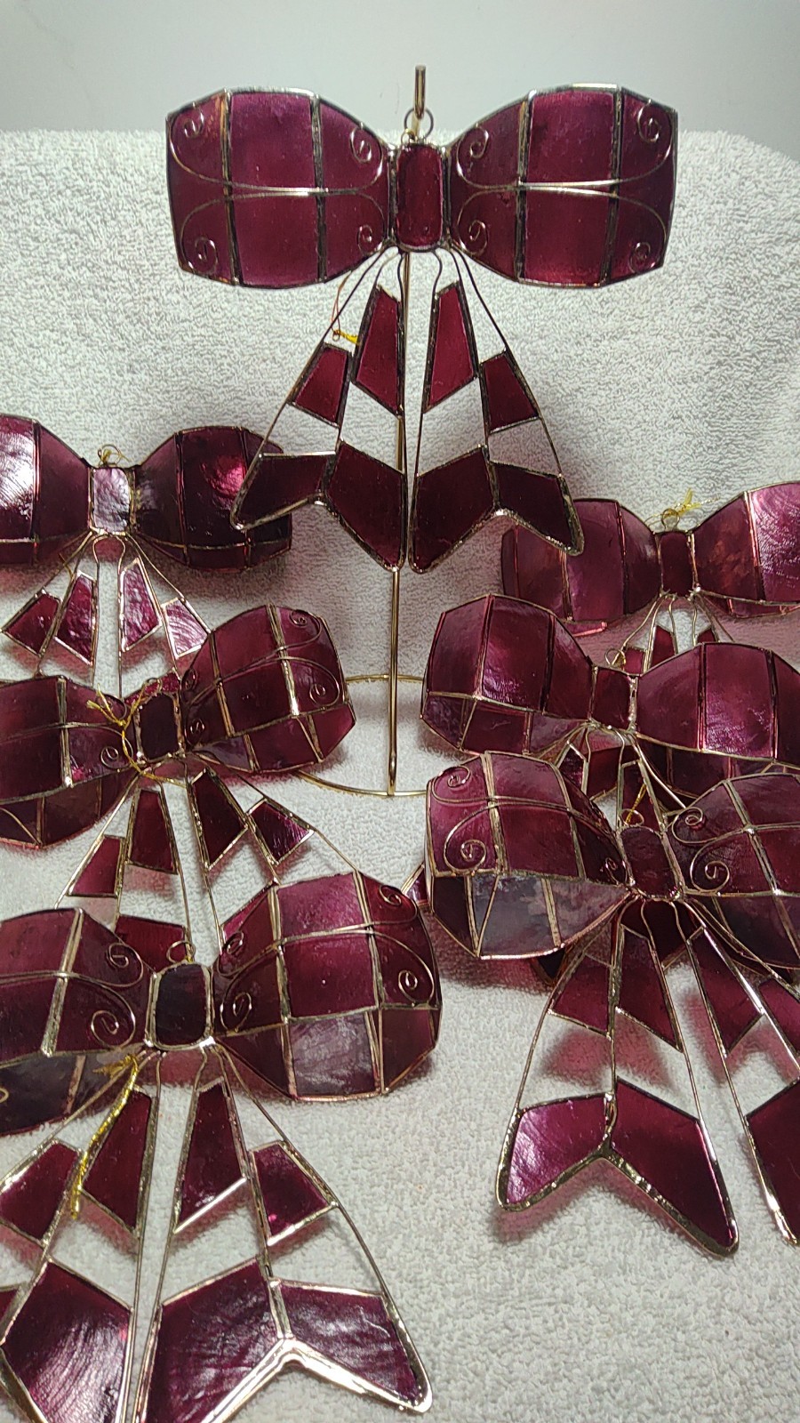 7 Vintage Capiz Shell Burgundy Bows 3D Hanging Christmas Ornaments 6x6x1.75 7 Vintage Capiz Shell Burgundy Bows 3D Hanging Christmas Ornaments 6x6x1.75