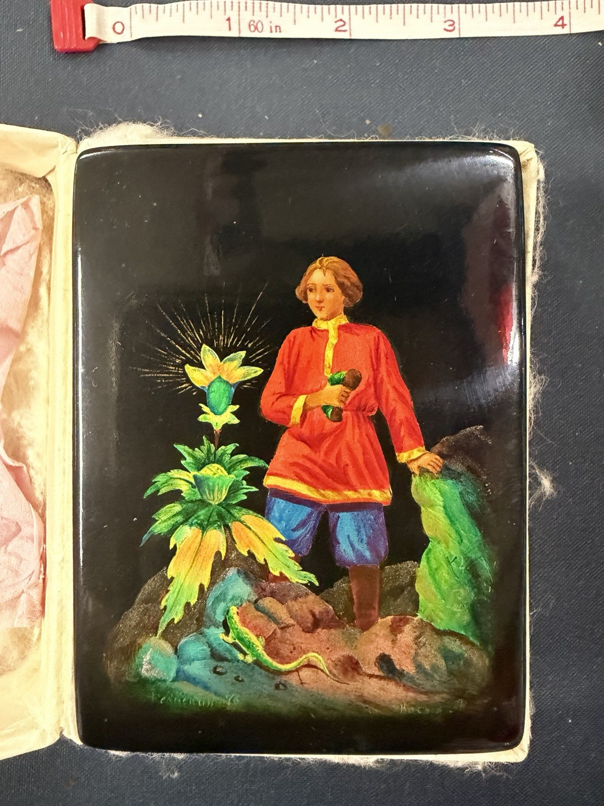 Vintage Fedoskino Russian Lacquer Box Ivan Tsarevich w Paper Label Vintage Fedoskino Russian Lacquer Box Ivan Tsarevich w Paper Label