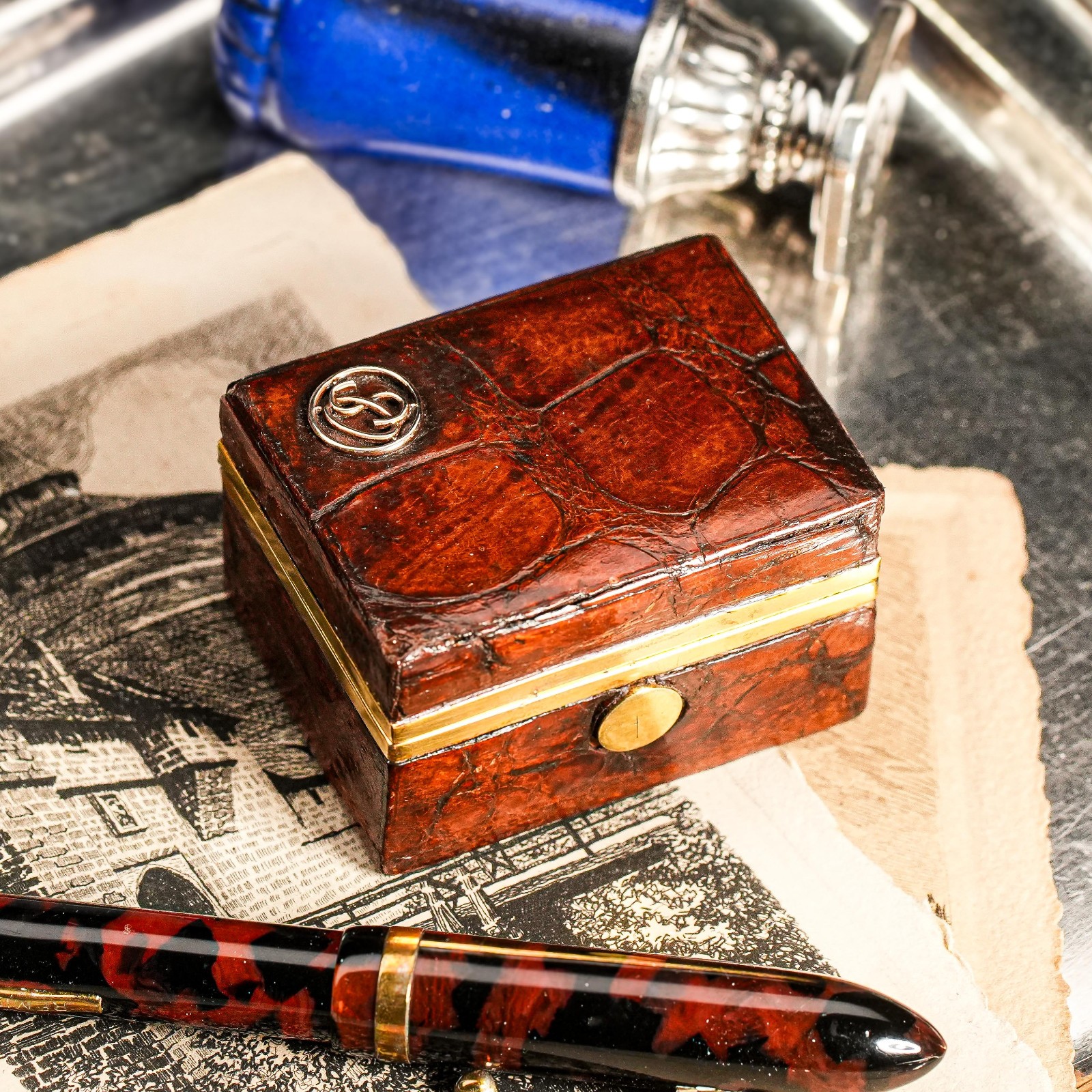 Exceptional Quality Antique Alligator Leather Edwardian English Desk Stamp Box Exceptional Quality Antique Alligator Leather Edwardian English Desk Stamp Box