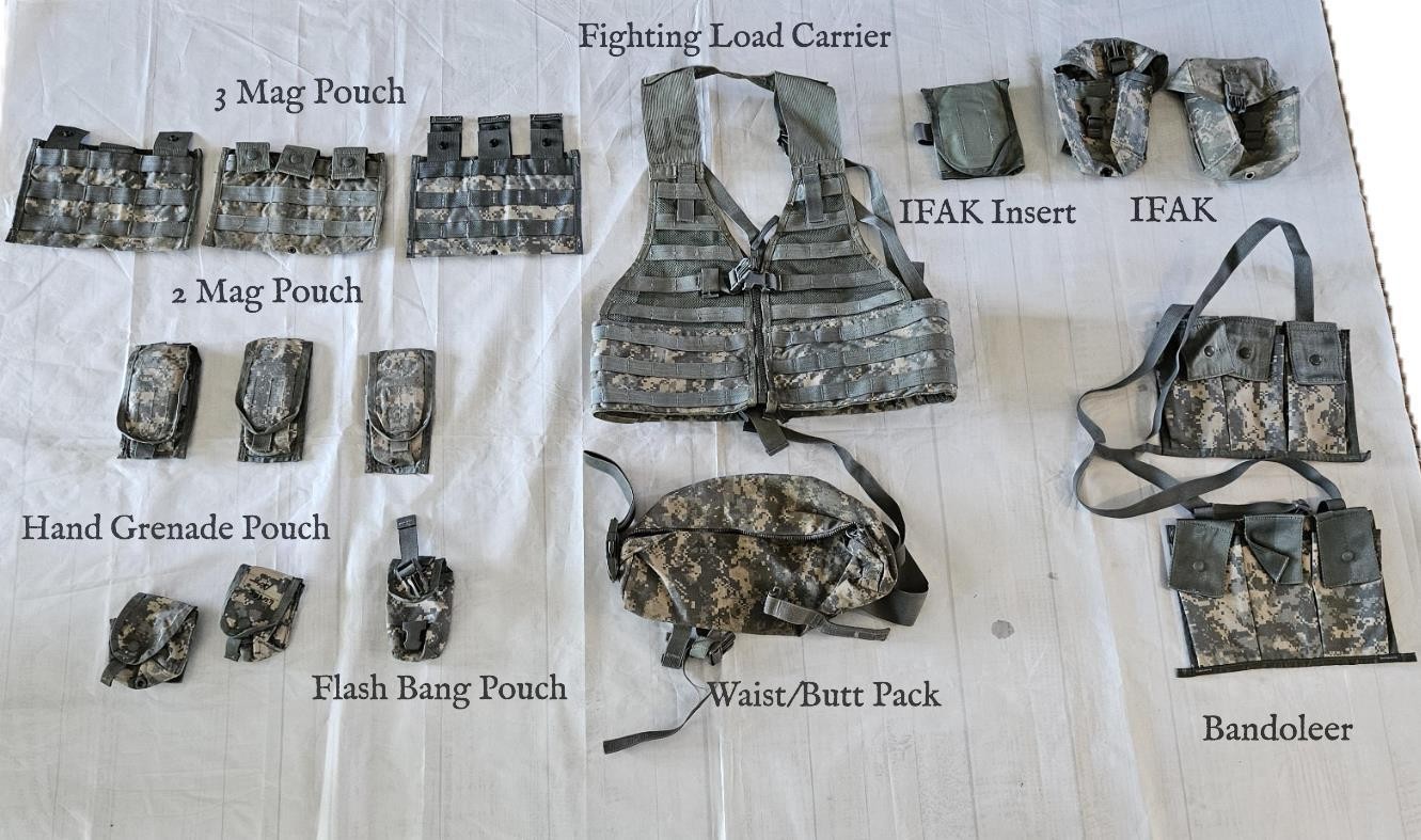 16 pc US Army MOLLE II ACU Fighting Load Carrier Vest w/Tons of Extras16 pieces 16 pc US Army MOLLE II ACU Fighting Load Carrier Vest w/Tons of Extras16 pieces