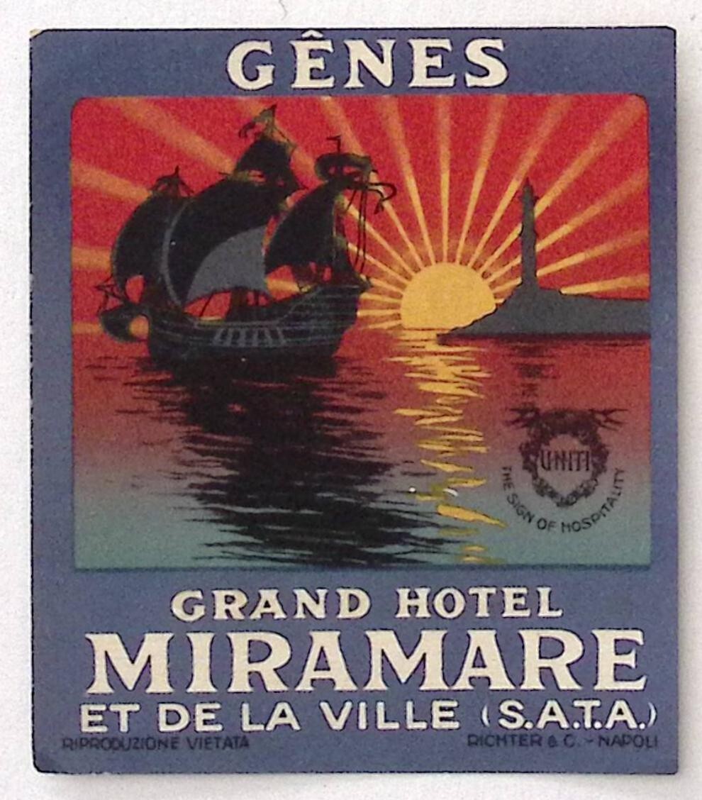Grand Hotel Miramare GENES GENOA ITALY c1940 Art Deco Luggage Label 2.75" Grand Hotel Miramare GENES GENOA ITALY c1940 Art Deco Luggage Label 2.75"