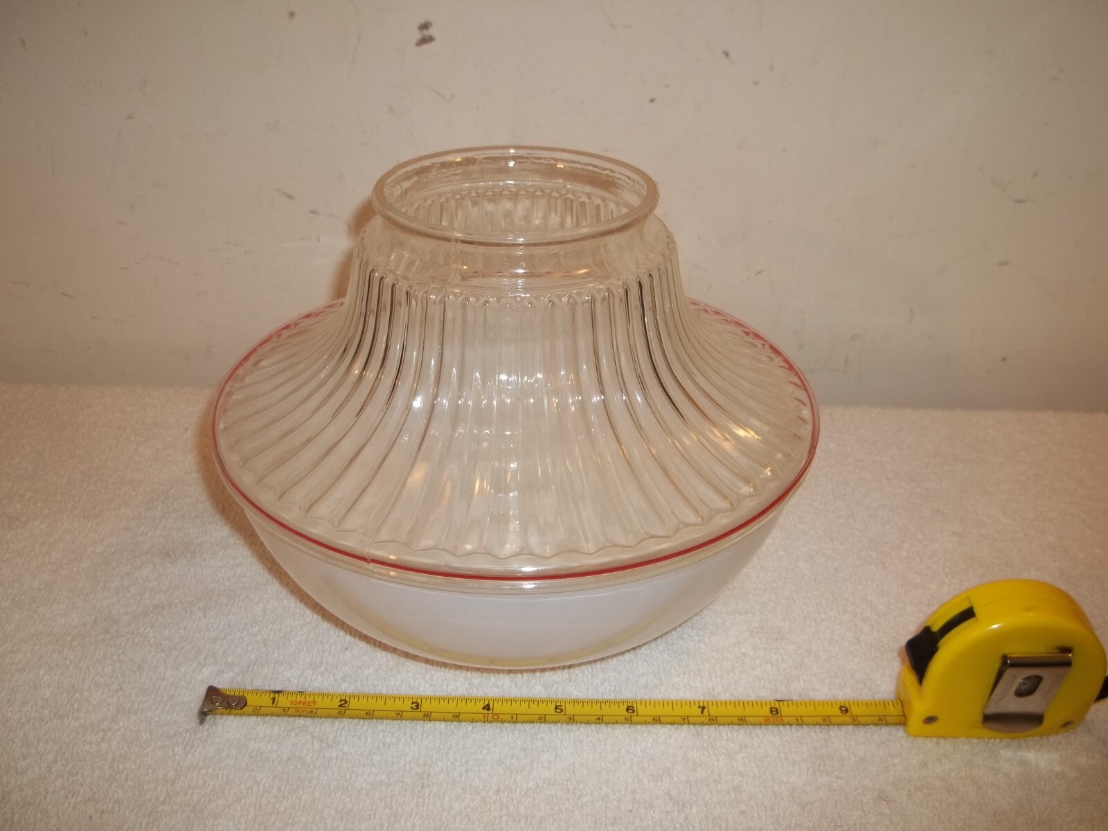 Vtg MCM Milk White Clear Red Pinstripe Glass Mushroom Shape Ceiling Light Globe Vtg MCM Milk White Clear Red Pinstripe Glass Mushroom Shape Ceiling Light Globe