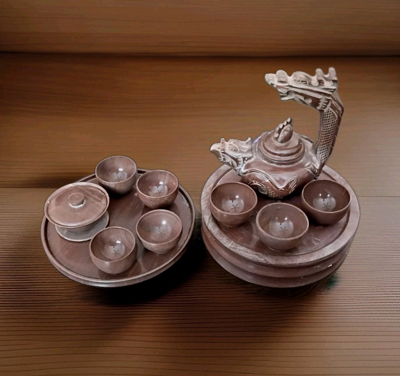 Vintage 15-Pc Hand-Carved Shoushan Stone Dragon Teapot Set & WARMER 7 Cup MARKED Vintage 15-Pc Hand-Carved Shoushan Stone Dragon Teapot Set & WARMER 7 Cup MARKED