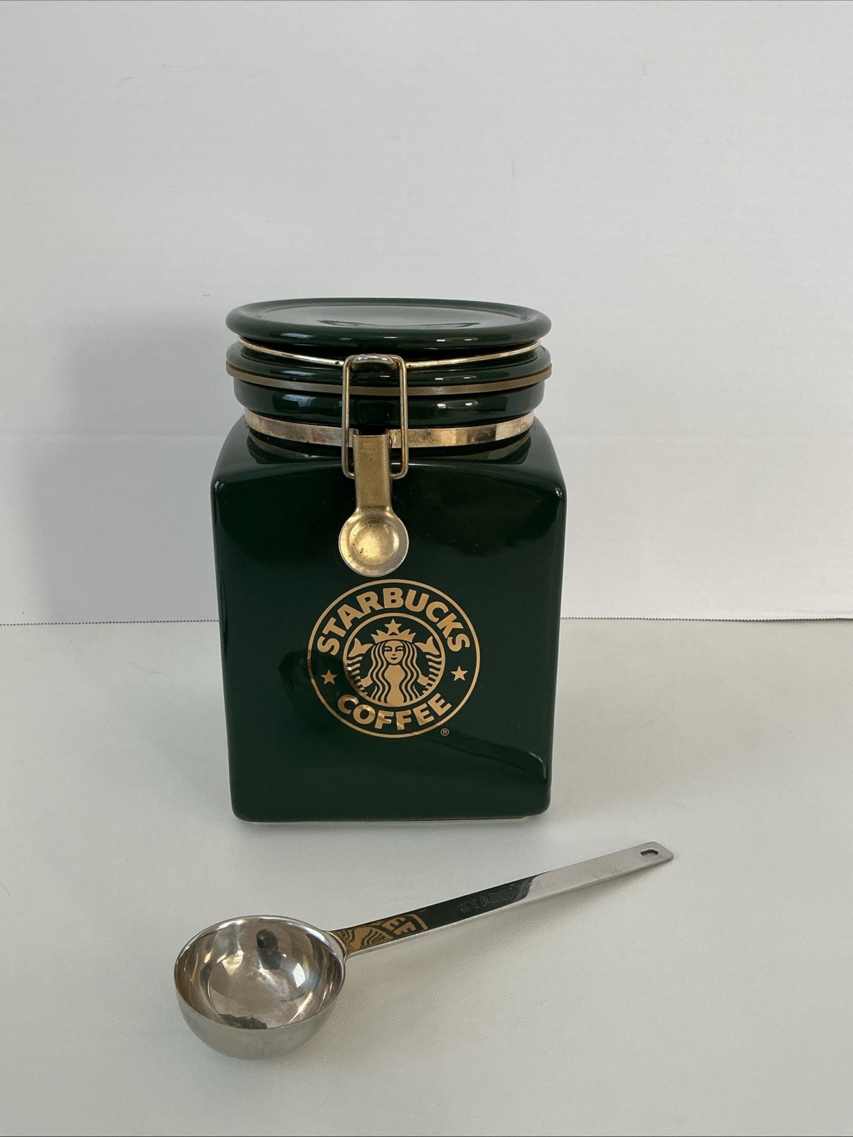 Vintage Starbucks Dark Green Ceramic Coffee Canister Jar With Starbucks Spoon