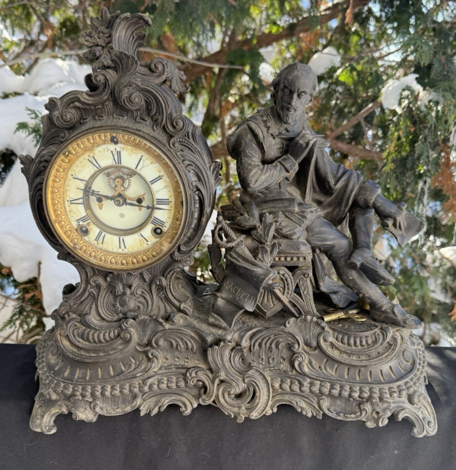 Antique C 1904 Ansonia MACBETH Figural Statue Mantle Clock - ALL ORGINAL - VIDEO Antique C 1904 Ansonia MACBETH Figural Statue Mantle Clock - ALL ORGINAL - VIDEO