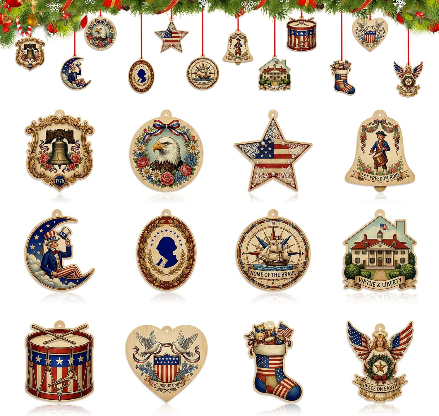 12Pcs 250 Anniversary USA Ornaments - Vintage Wooden 4Th of July Patriotic Decor