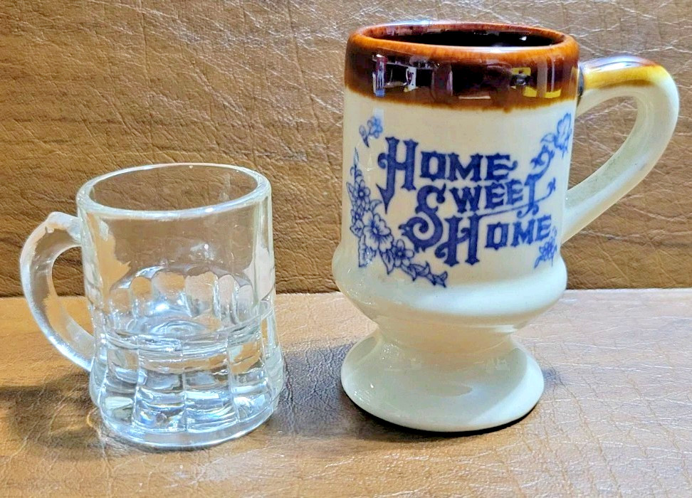 Two Vintage Miniature Cups Home Sweet Home And Clear Glass Two Vintage Miniature Cups Home Sweet Home And Clear Glass