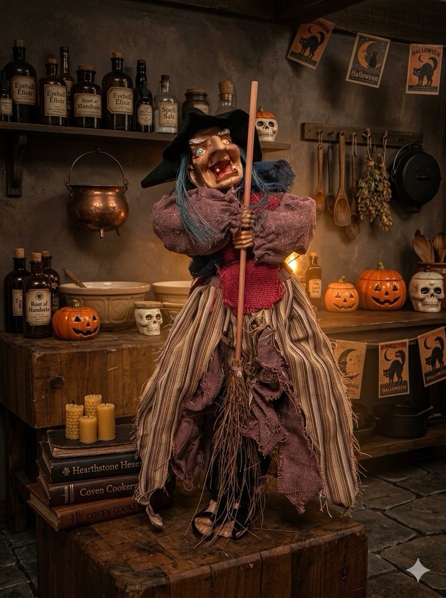 Halloween Kitchen Witch Lights & Sound Motion Activated Broom Flying Scary Witch