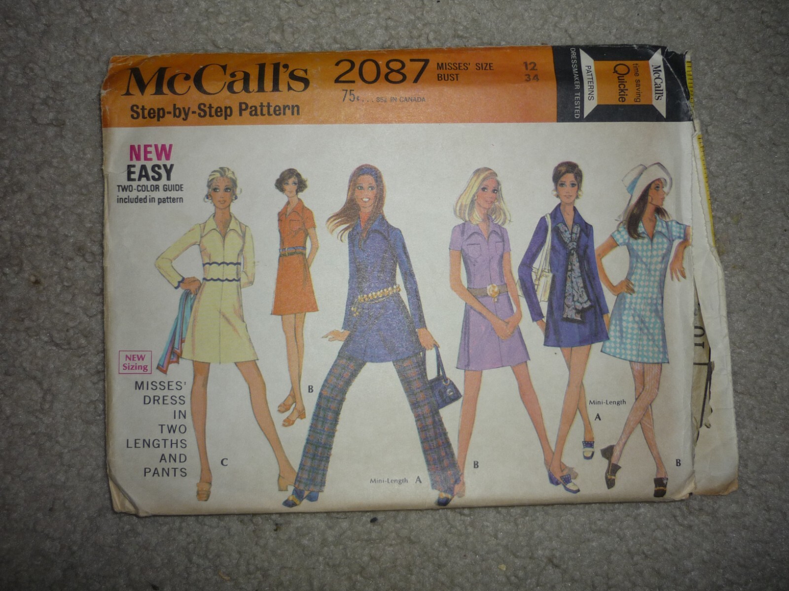 Vtg 1969 McCall's #2087 Mini Dress w/ Collar & Pants Pattern, UNCUT Sz 12