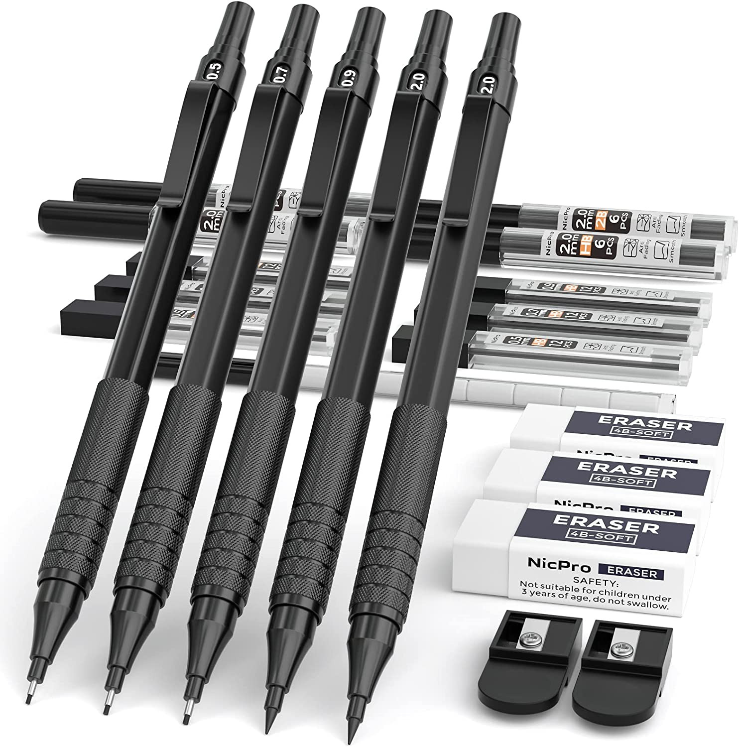 5 PCS Art Mechanical Pencils Set, Black Artist Metal Drafting Pencil 0.5 & 0.7 &