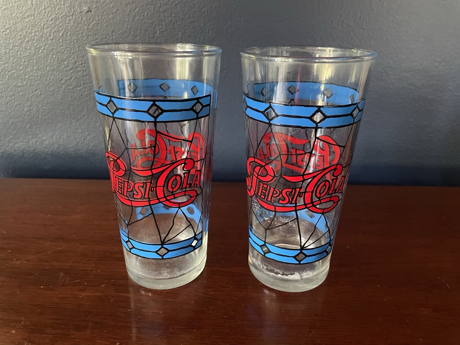 Vintage 1970s Pepsi-Cola Tiffany Stained Glass Tumblers Set of 2 Red Blue Retro Vintage 1970s Pepsi-Cola Tiffany Stained Glass Tumblers Set of 2 Red Blue Retro