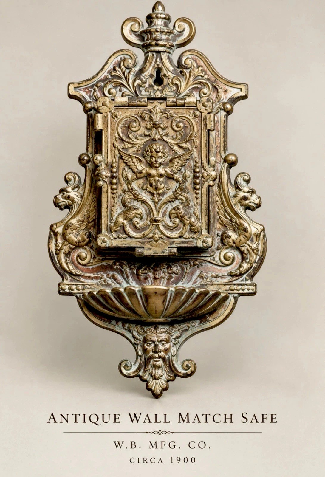 Antique W.B. Mfg Co Brass/Bronze Wall Match Safe Cherub Satyr Shell Marked