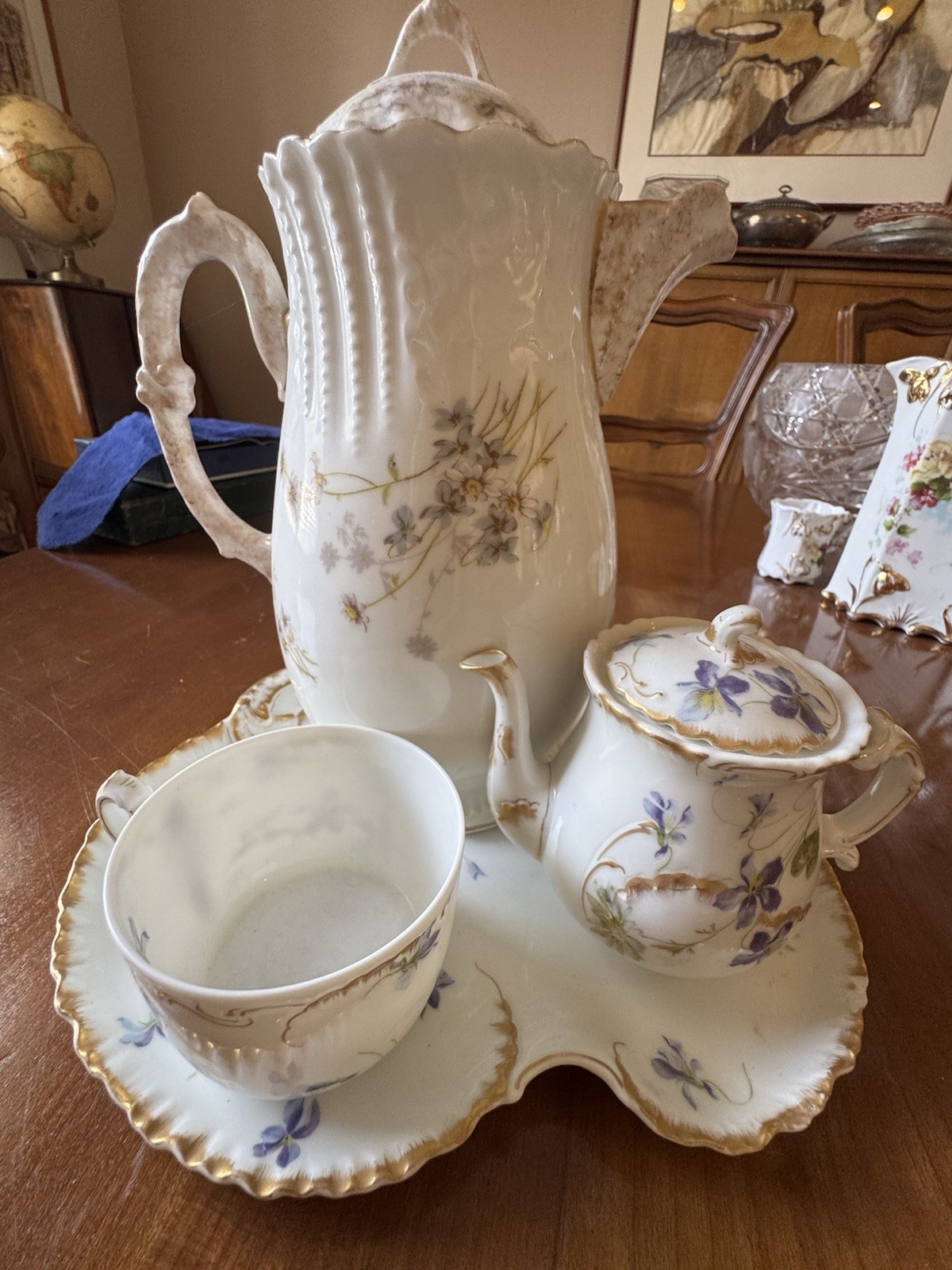 Theodore Haviland Limoges France Floral Tea Pot, Cup & Saucer Set Gold Trim. Theodore Haviland Limoges France Floral Tea Pot, Cup & Saucer Set Gold Trim.