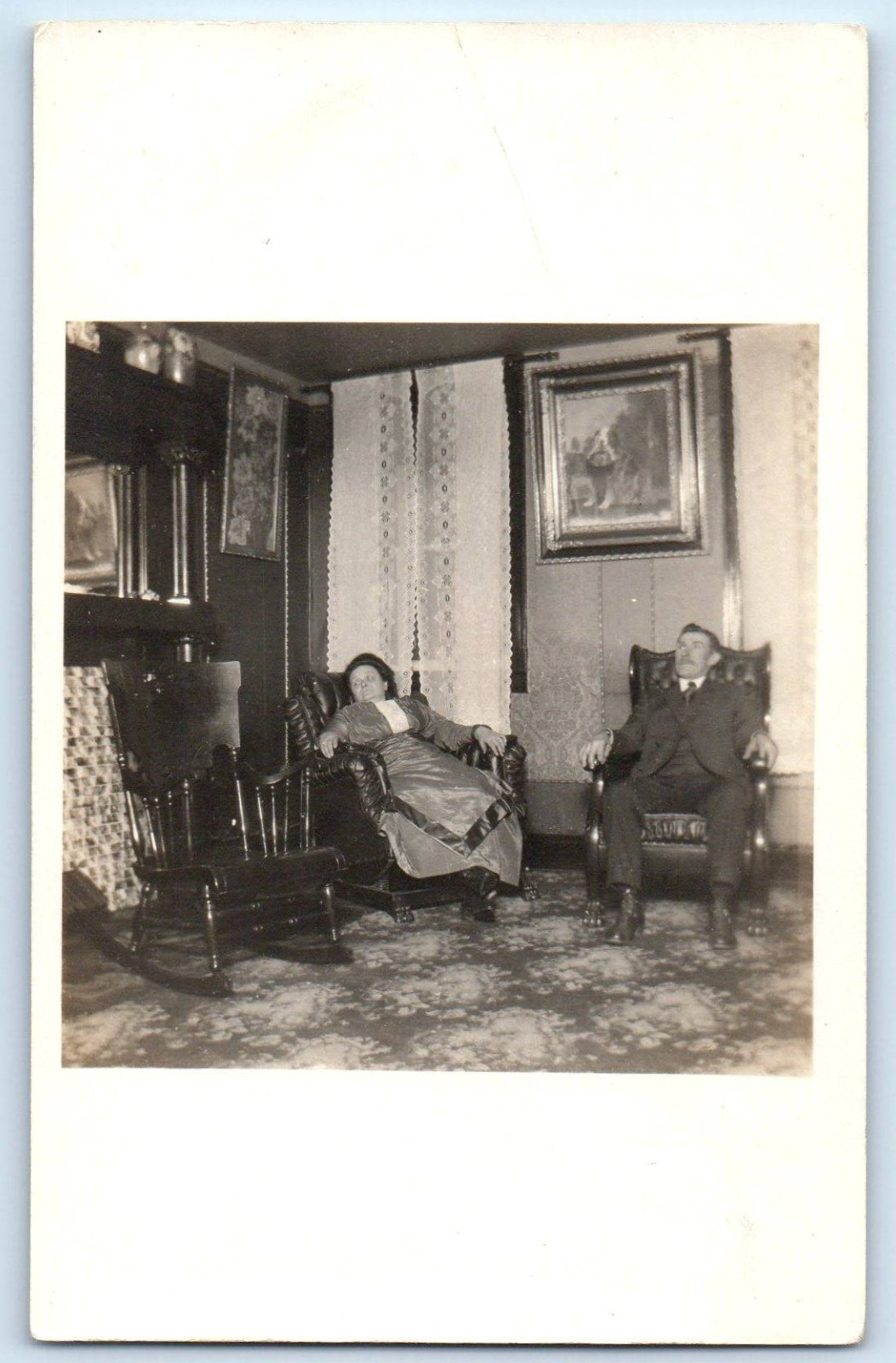 c1910's Couple Rocking Chair House Parlor Interior Dead Dog RPPC Photo Postcard c1910's Couple Rocking Chair House Parlor Interior Dead Dog RPPC Photo Postcard