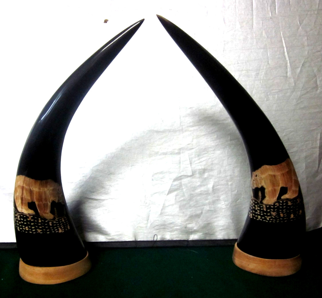 Vintage Pair of Large 1950's Hand Carved Water Buffalo Horns - BEARS - Wood Base Vintage Pair of Large 1950's Hand Carved Water Buffalo Horns - BEARS - Wood Base