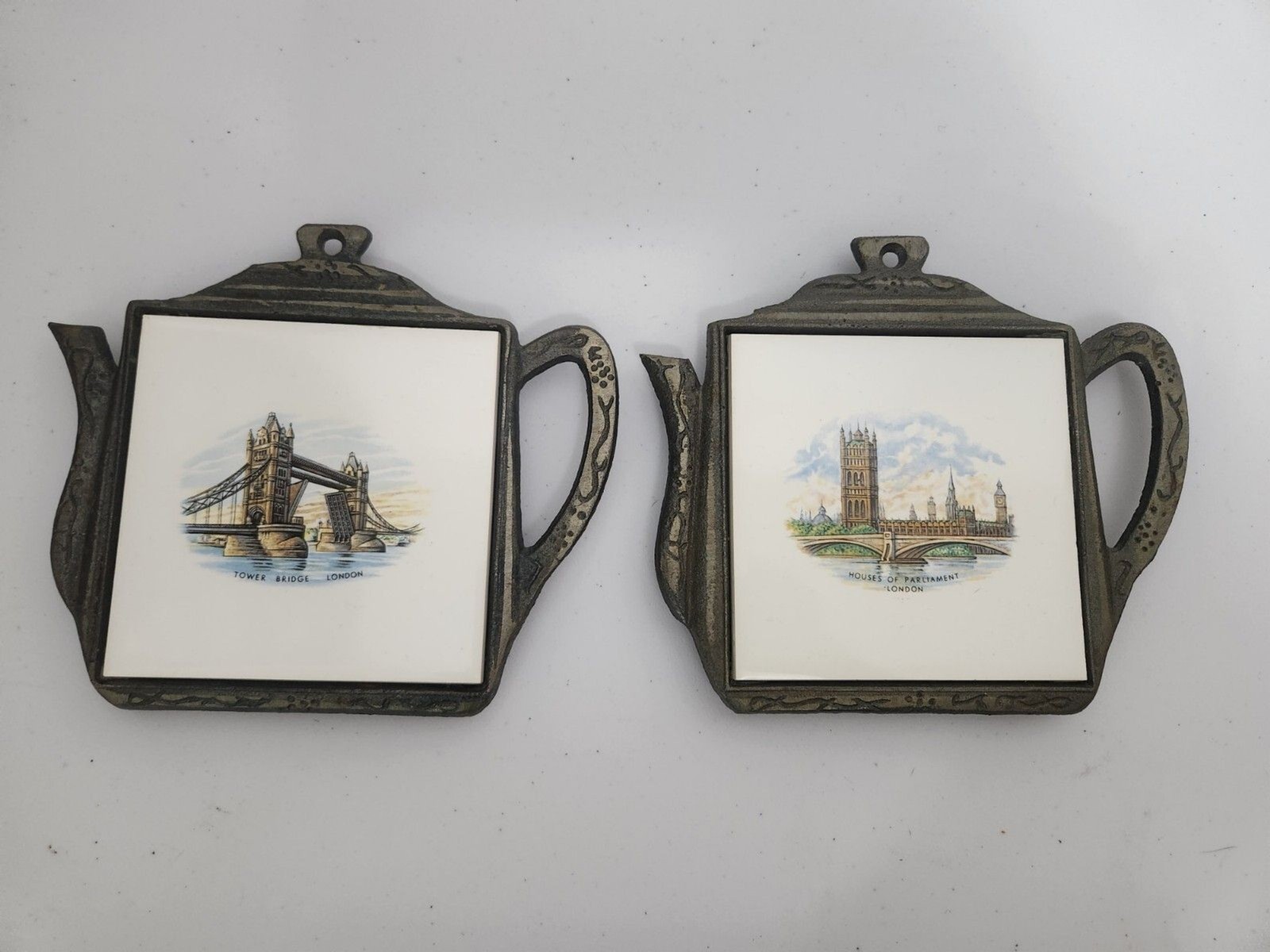 Vintage 2 Cast Iron Tile Trivets Made in England Footed Tower Bridge Parliament Vintage 2 Cast Iron Tile Trivets Made in England Footed Tower Bridge Parliament