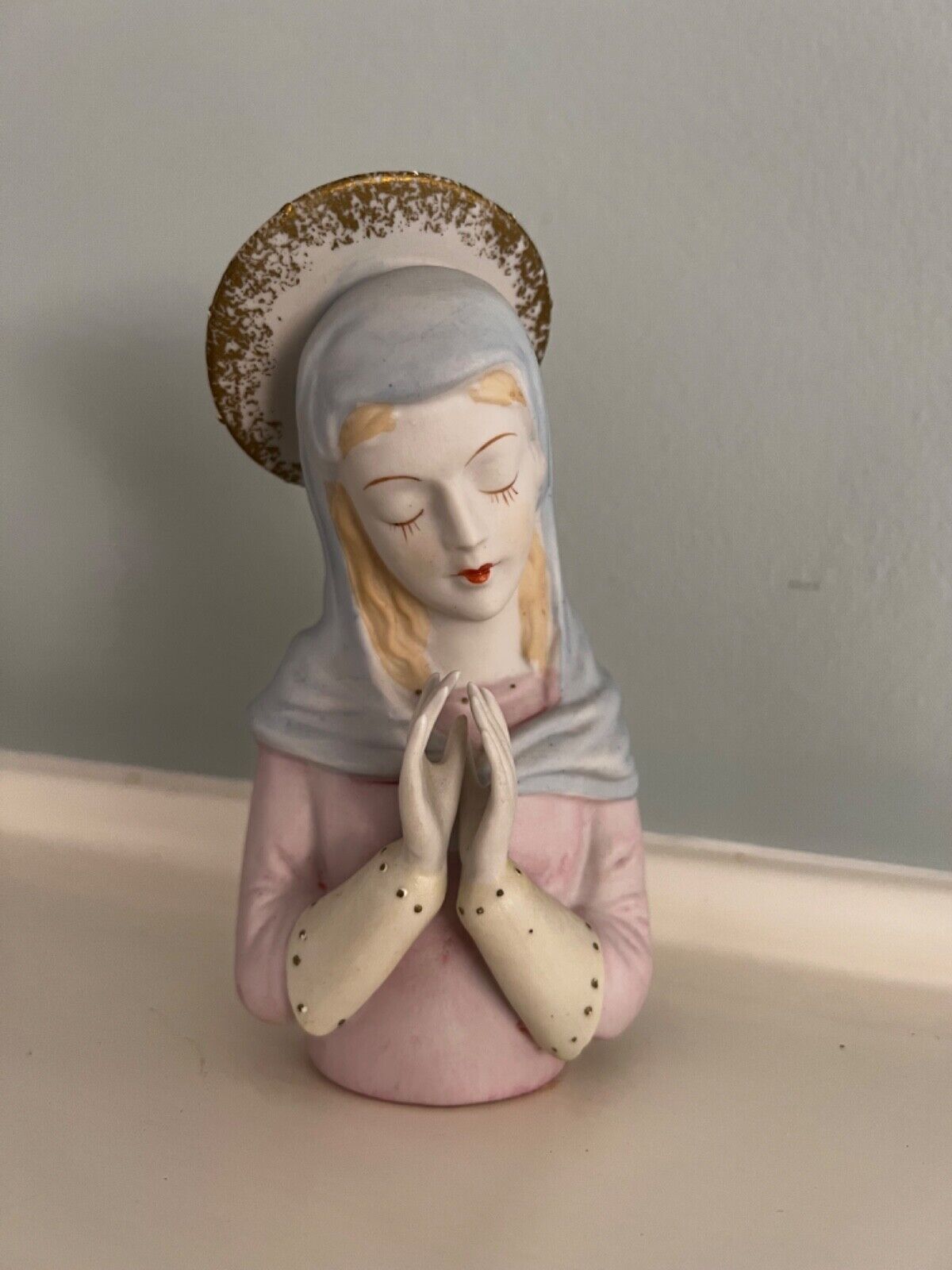 Vintage Hand Painted Praying Madonna Ceramic Bust Statue - 5 1/4\