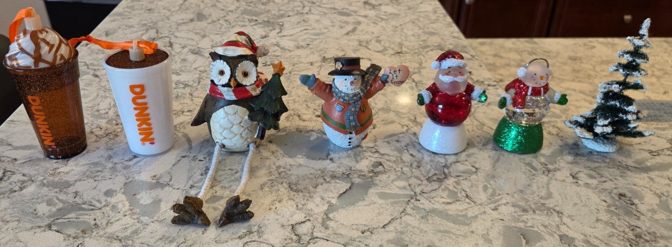 Dunkin Donuts Christmas Ornaments Owl Snowman Santa Lighted Figurines Lot of 7