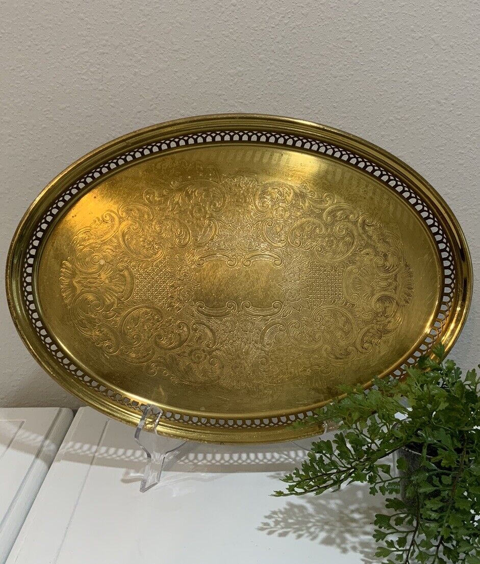 Vtg Copper Craft Solid Brass Reticulated Edge Floral Oval Tray Trinket Dish