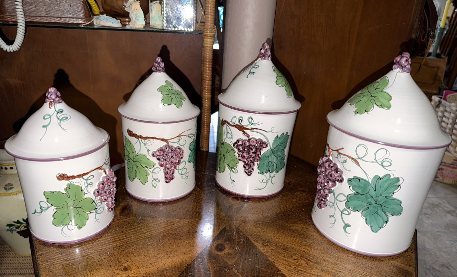 Vintage Set 4 Hand Painted Ceramic Canisters Lidded Grape Relief Grapevine Italy Vintage Set 4 Hand Painted Ceramic Canisters Lidded Grape Relief Grapevine Italy