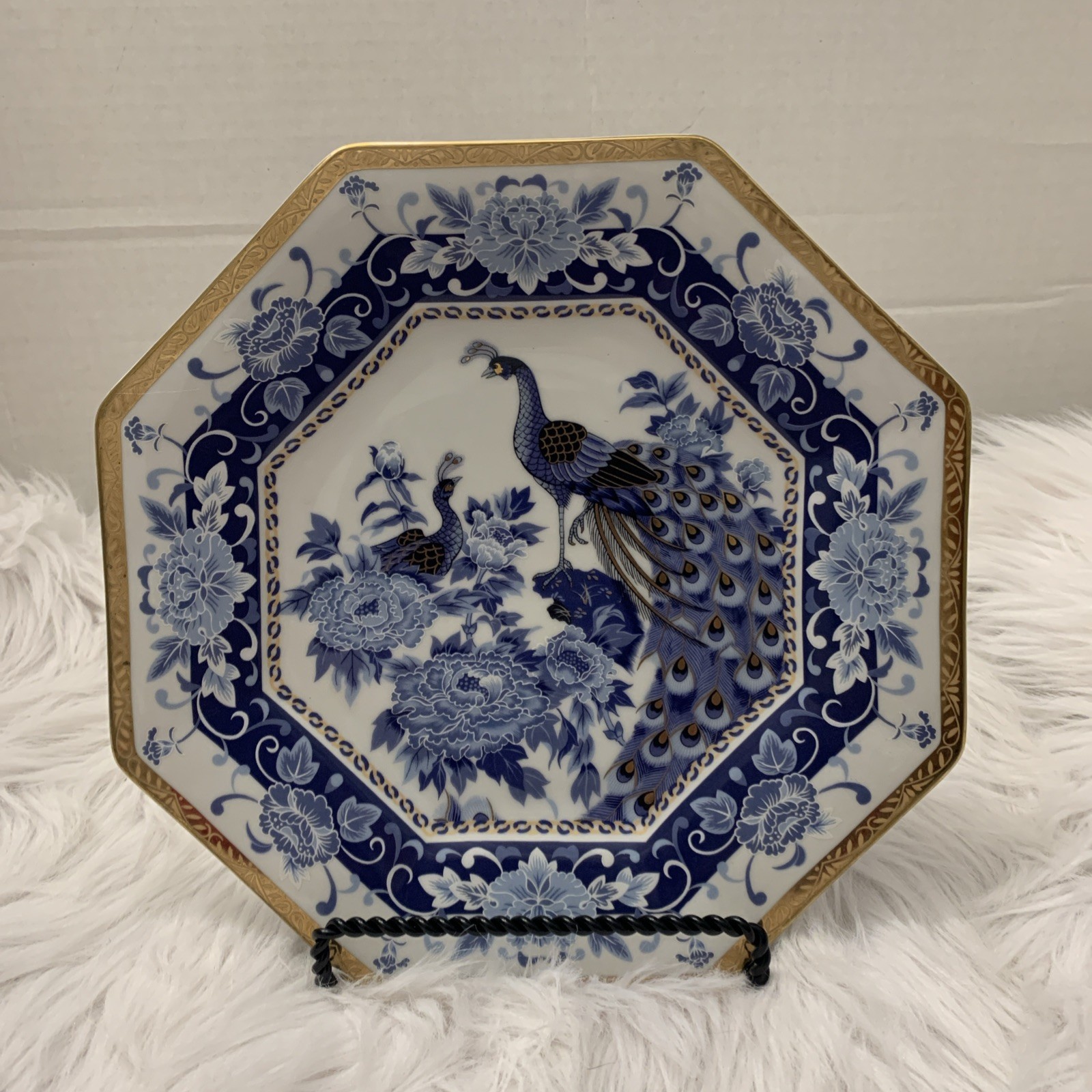 Heritage Mint Japan Peacock Plate Blue White Gold Octagon Chinoiserie Vintage Heritage Mint Japan Peacock Plate Blue White Gold Octagon Chinoiserie Vintage
