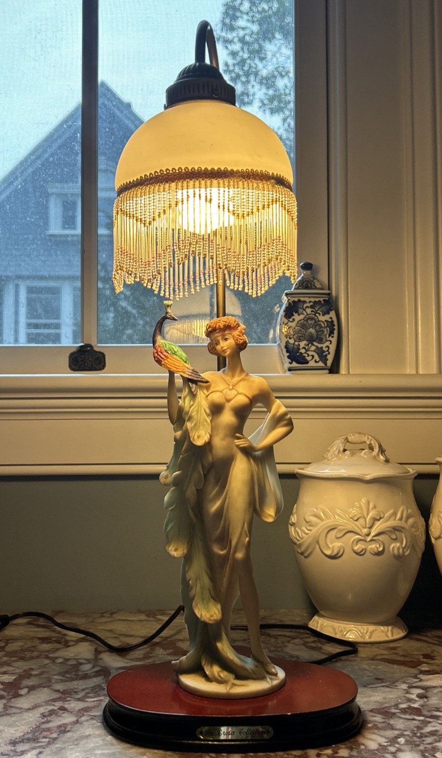 The Crosa Collection Table Lamp Lady w Peacock Beaded Glass Shade The Crosa Collection Table Lamp Lady w Peacock Beaded Glass Shade
