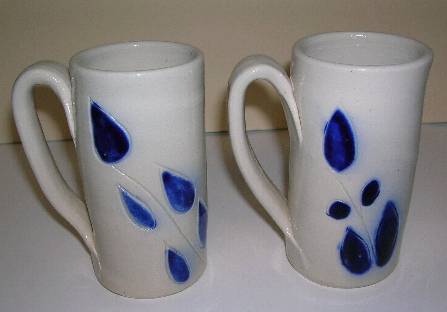 Cobalt Blue Salt Glaze Pottery Vases Mugs Qty 2 Leafs on Tan 4.5\