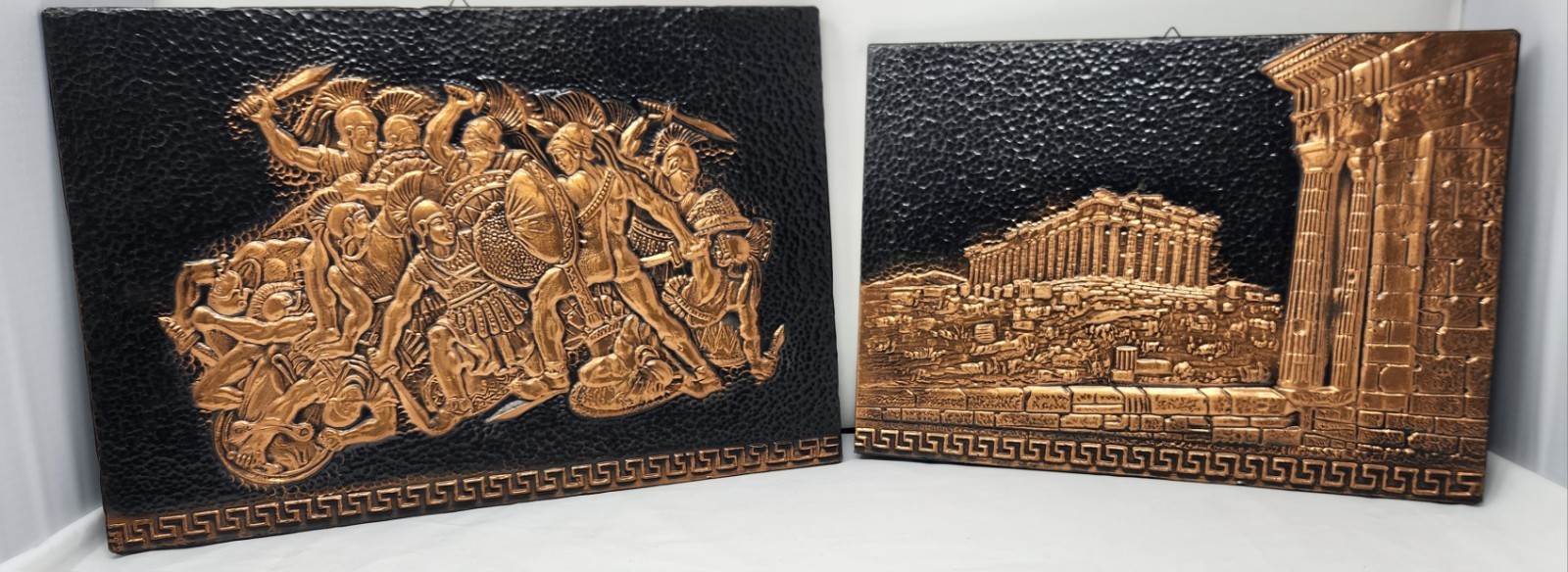 Vintage Greek Copper Repousse Parthenon Acropolis & Spartan Battle Plaques Vintage Greek Copper Repousse Parthenon Acropolis & Spartan Battle Plaques