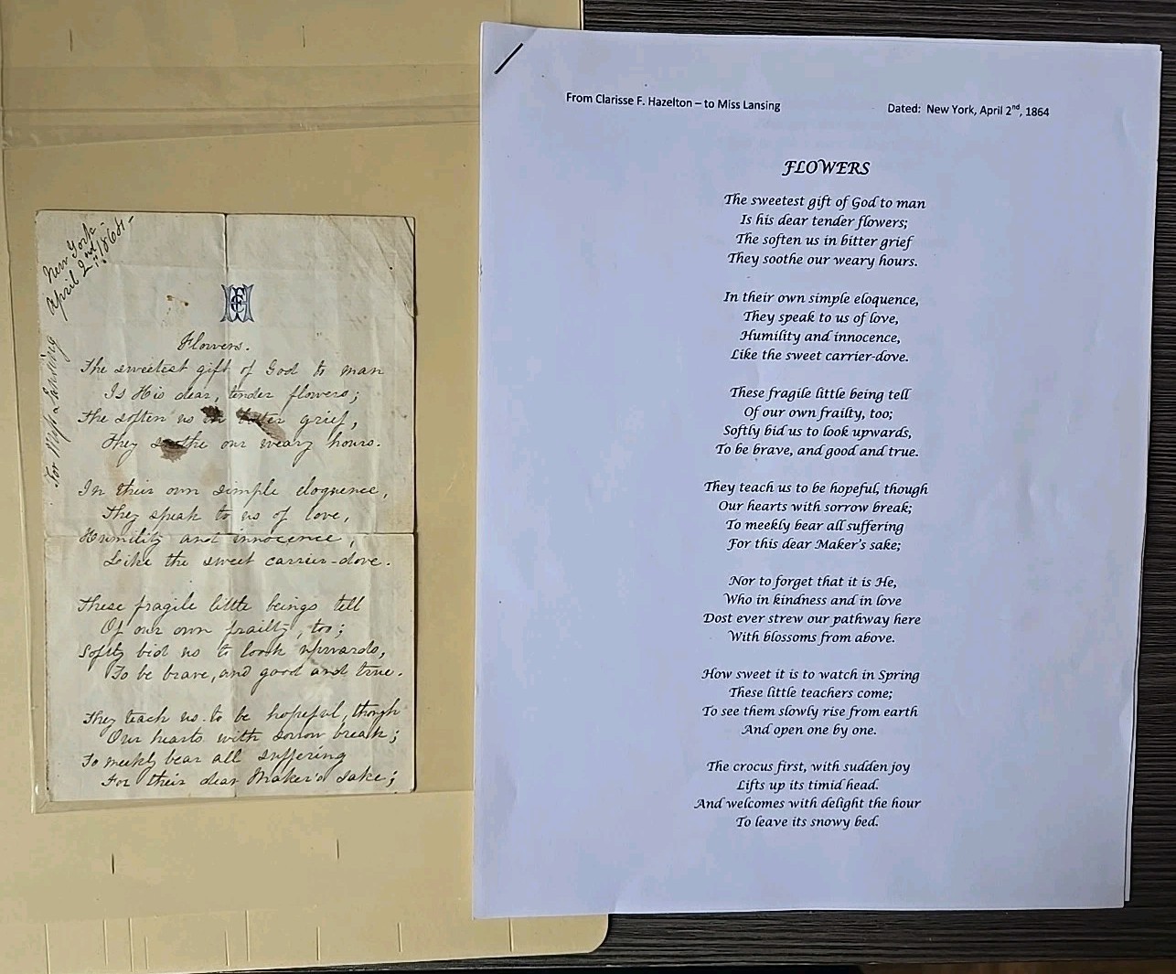 Antique handwritten poem "Flowers" April 2nd, 1864 New York Hazelton To Lansing