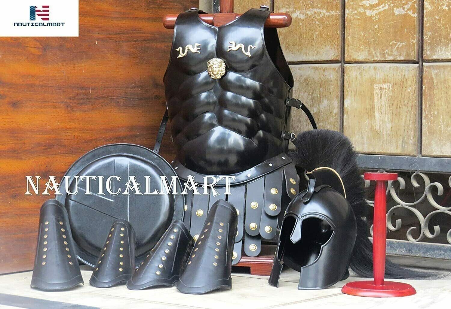 Medieval Roman King Achilles Troy Helmet W/Black Plume + Muscle Armor + Shield