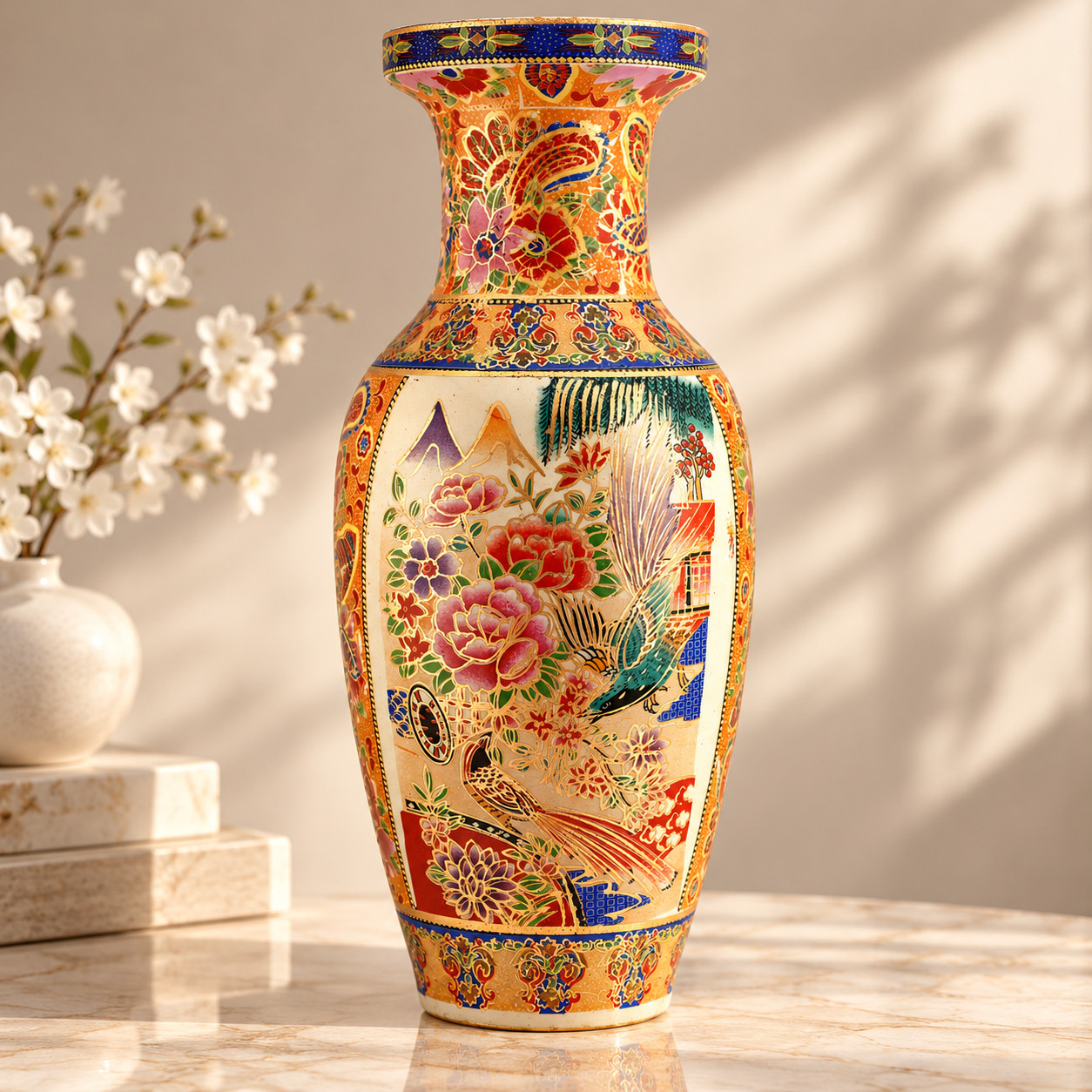 Vintage Japanese Satsuma Style Vase 14" Hand Painted Birds Flowers Gold Moriage Vintage Japanese Satsuma Style Vase 14" Hand Painted Birds Flowers Gold Moriage