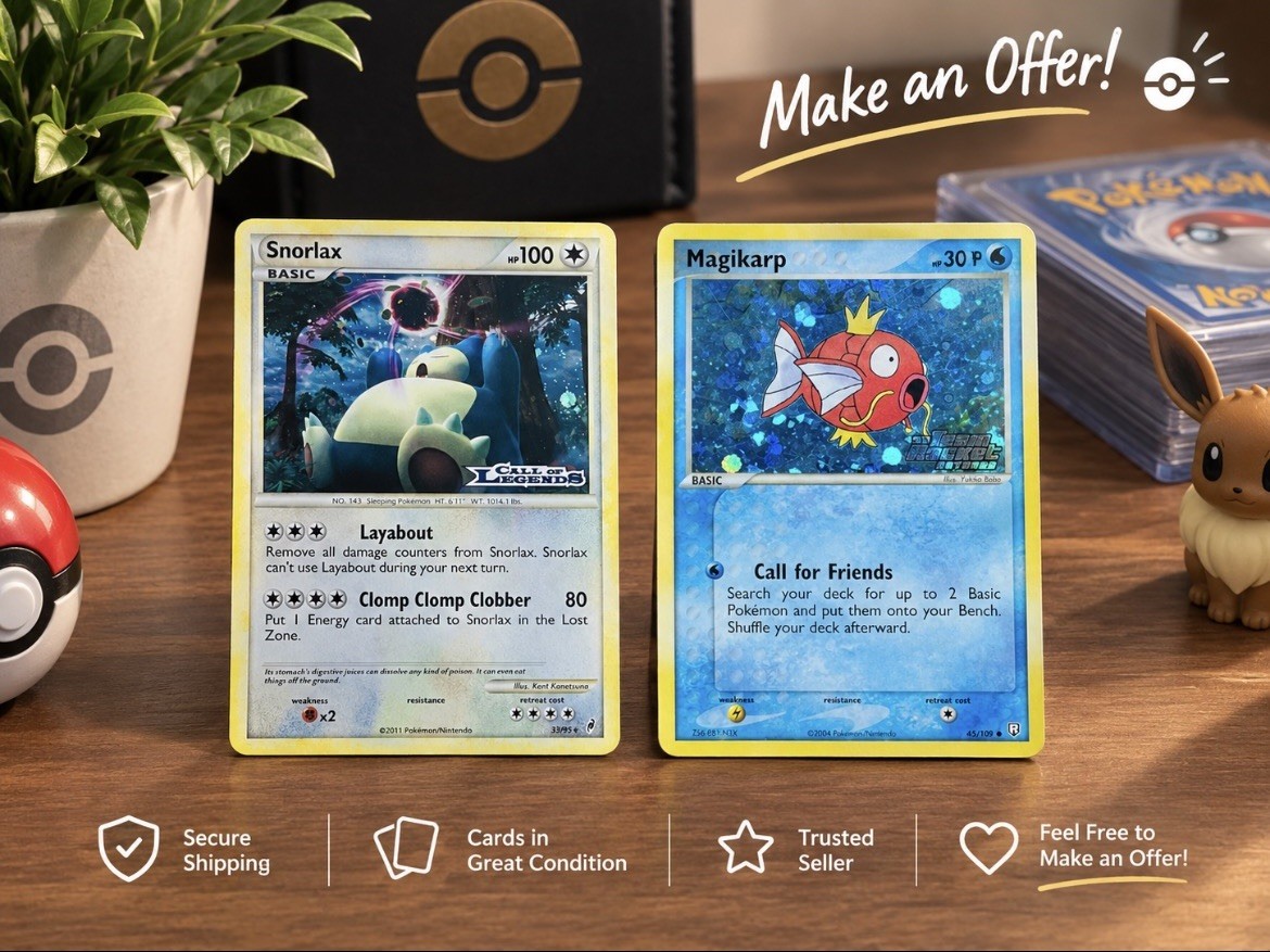 Snorlax Call of Legends 33/95 & Magikarp Ex Team Rocket Returns 65/109 - EXC Snorlax Call of Legends 33/95 & Magikarp Ex Team Rocket Returns 65/109 - EXC